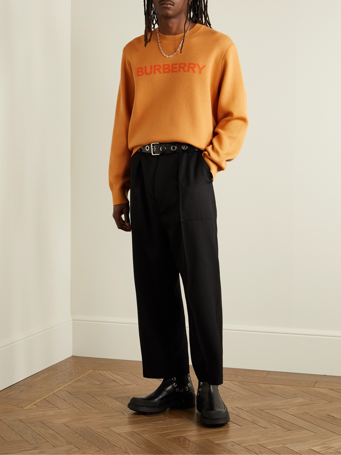 Shop Burberry Logo-intarsia Wool And Cotton-blend Sweater In Orange