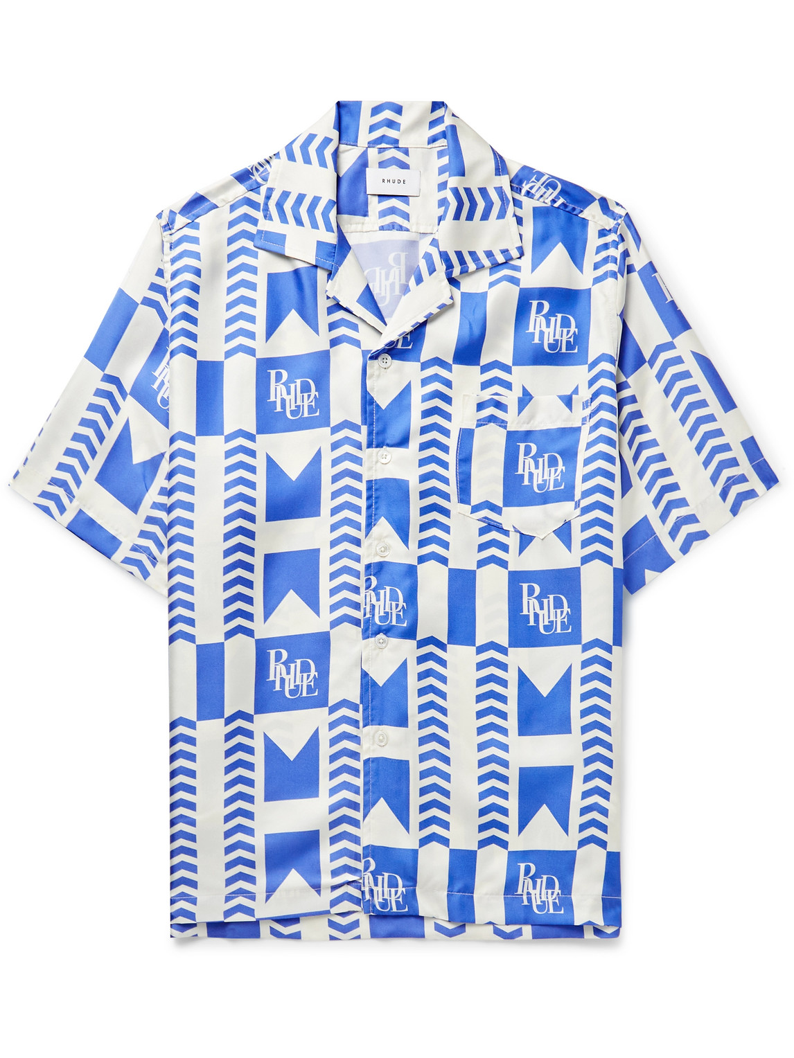 Rhude Allover Logo Printed Satin S/s Shirt In Blue