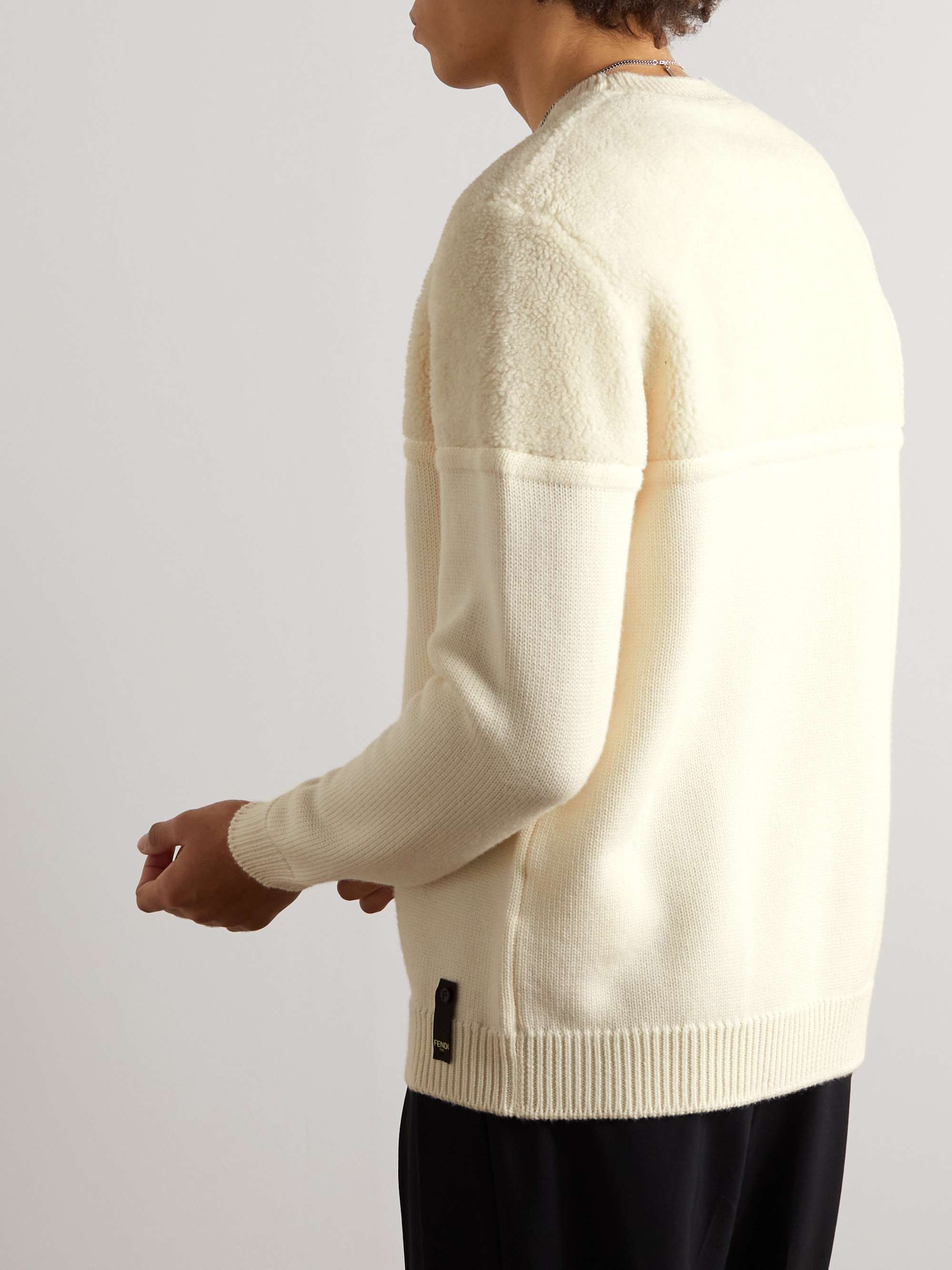 FENDI Fleece-Panelled Logo-Appliquéd Wool and Silk-Blend Sweater
