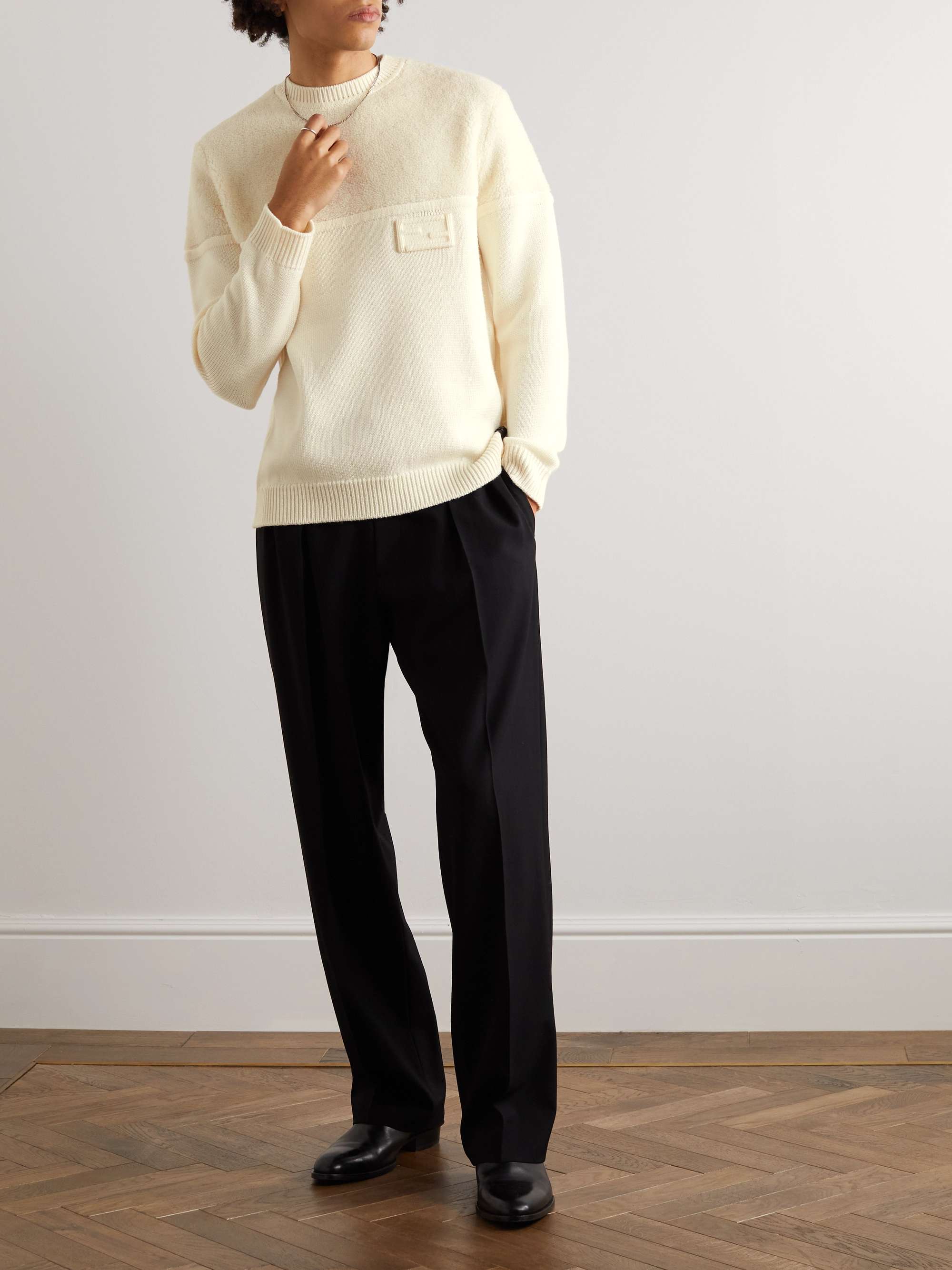 FENDI Fleece-Panelled Logo-Appliquéd Wool and Silk-Blend Sweater