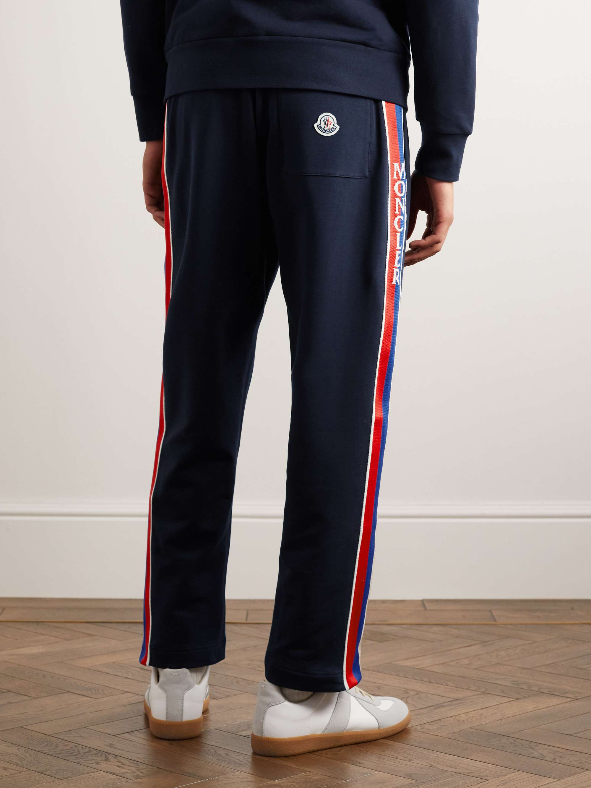 MONCLER Tapered Webbing-Trimmed Stretch-Cotton Jersey Sweatpants