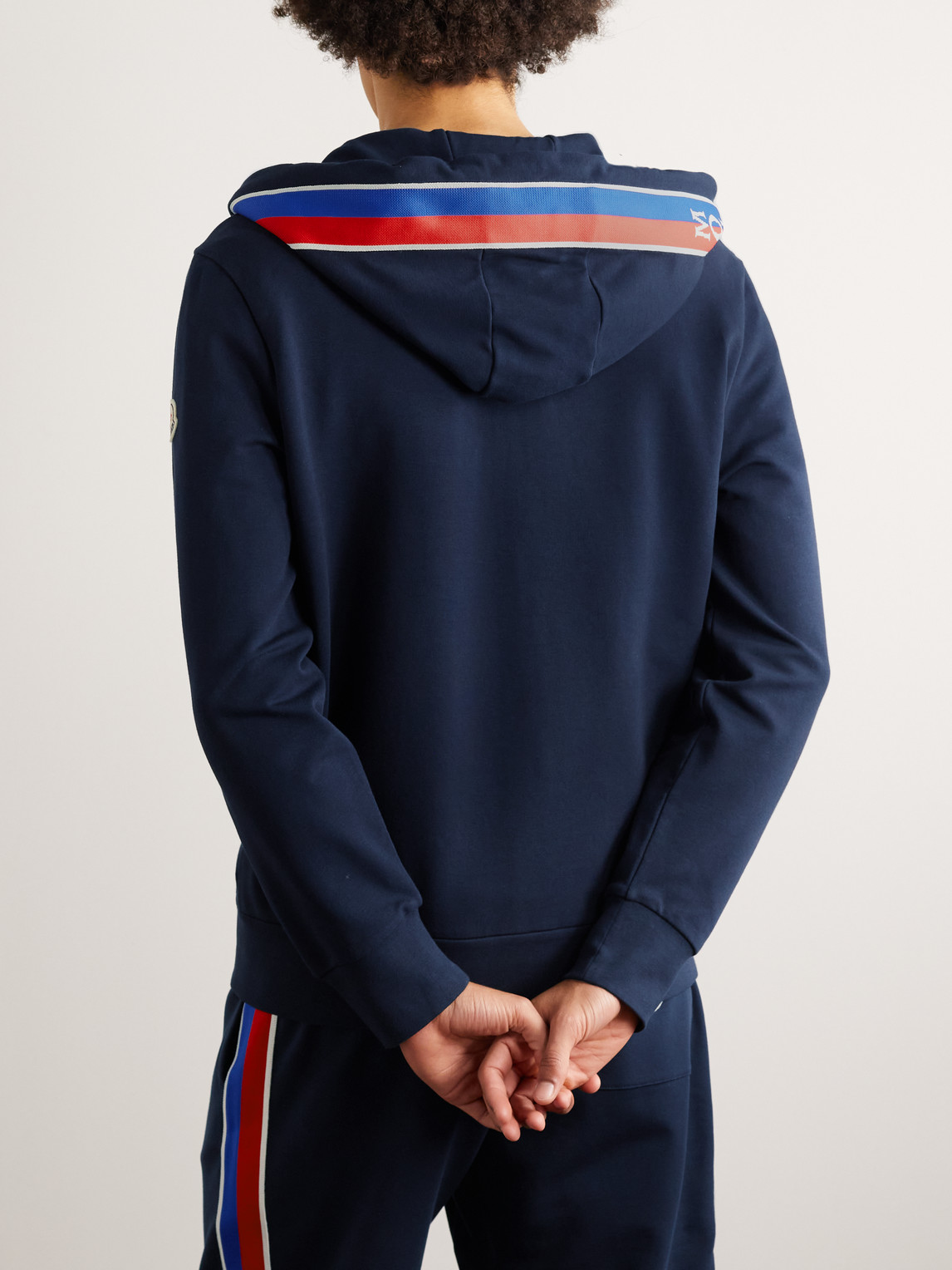 Shop Moncler Webbing-trimmed Stretch-cotton Jersey Zip-up Hoodie In Blue