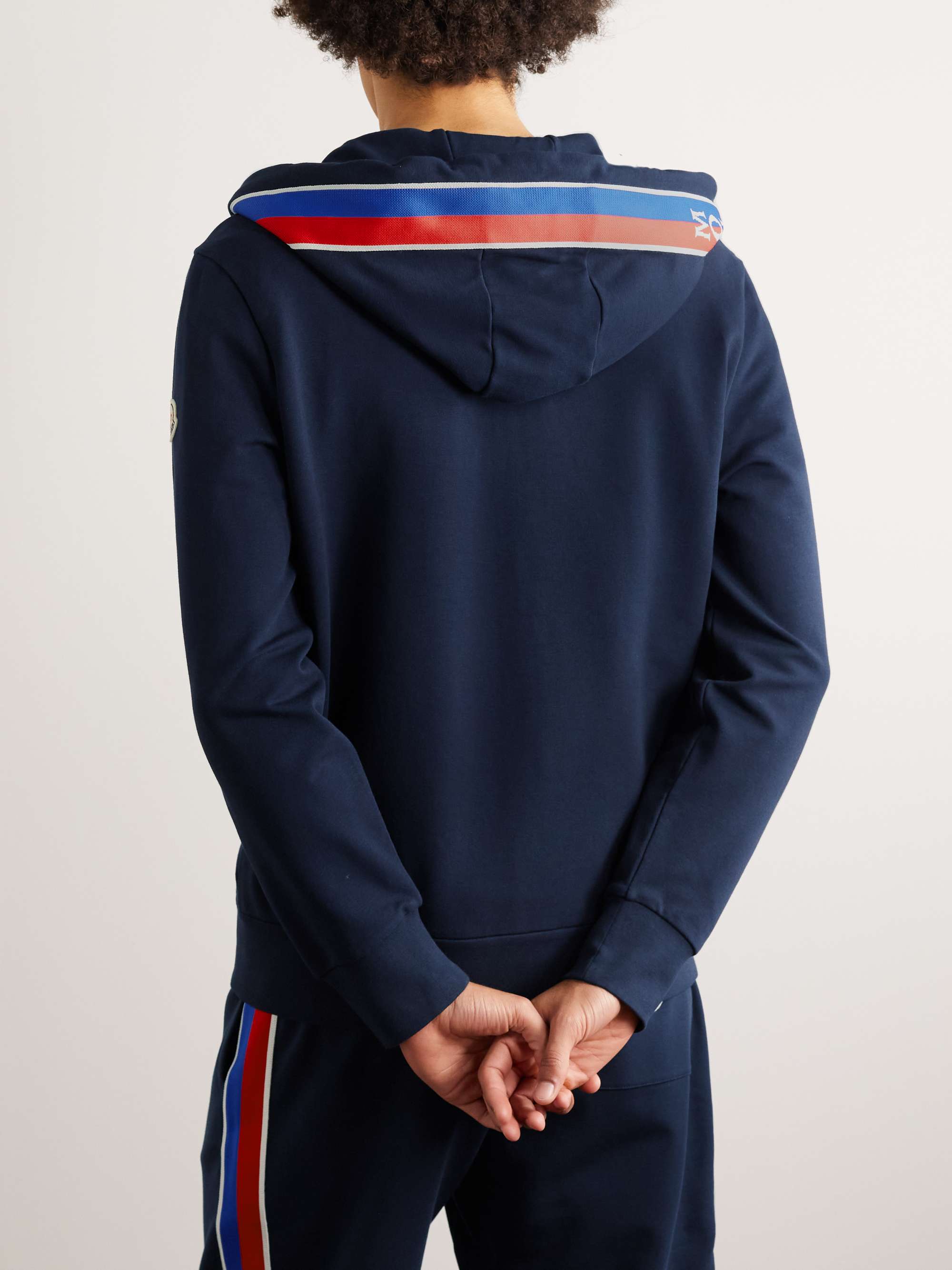 MONCLER Webbing-Trimmed Stretch-Cotton Jersey Zip-Up Hoodie