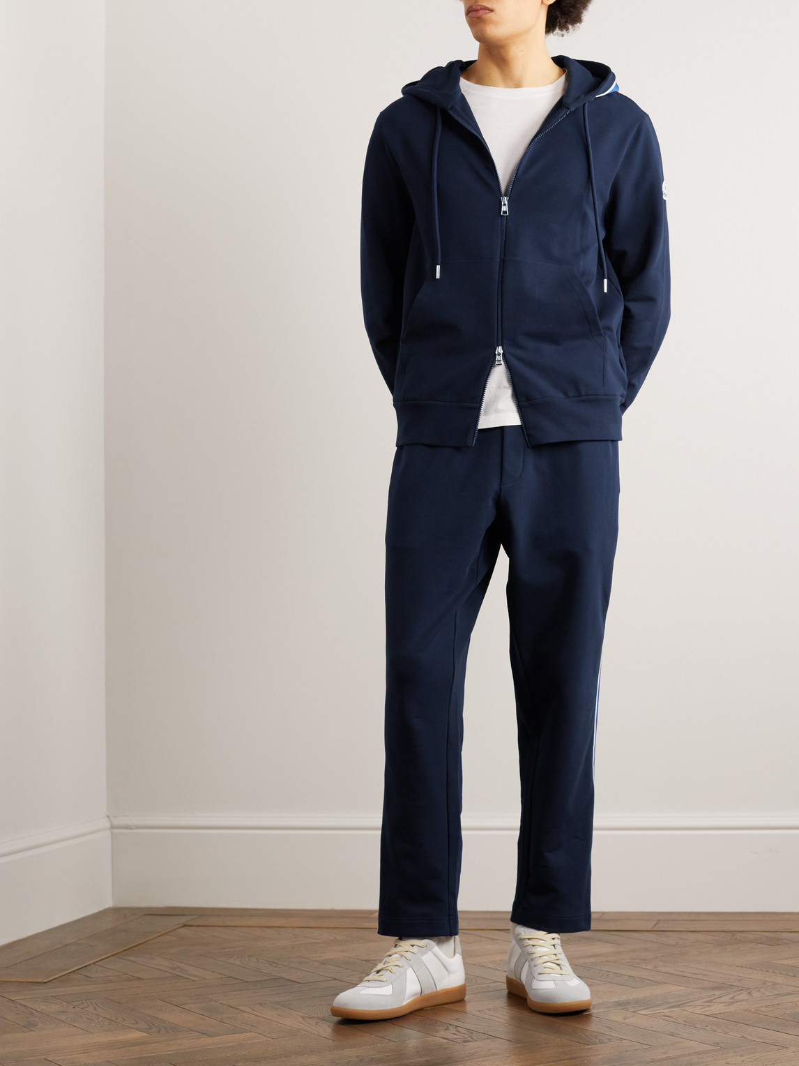 Shop Moncler Webbing-trimmed Stretch-cotton Jersey Zip-up Hoodie In Blue