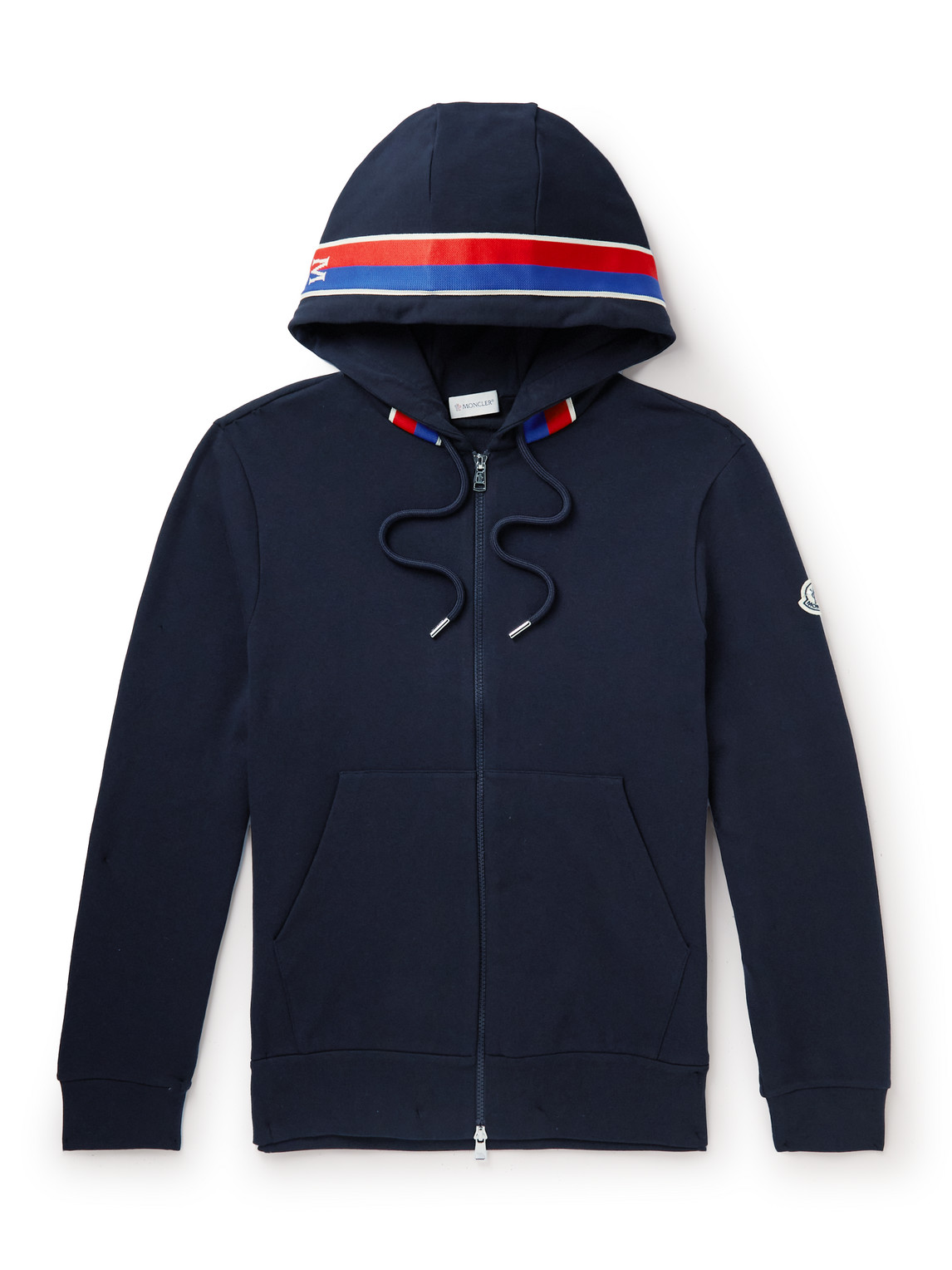 Moncler Webbing-trimmed Stretch-cotton Jersey Zip-up Hoodie In Blue