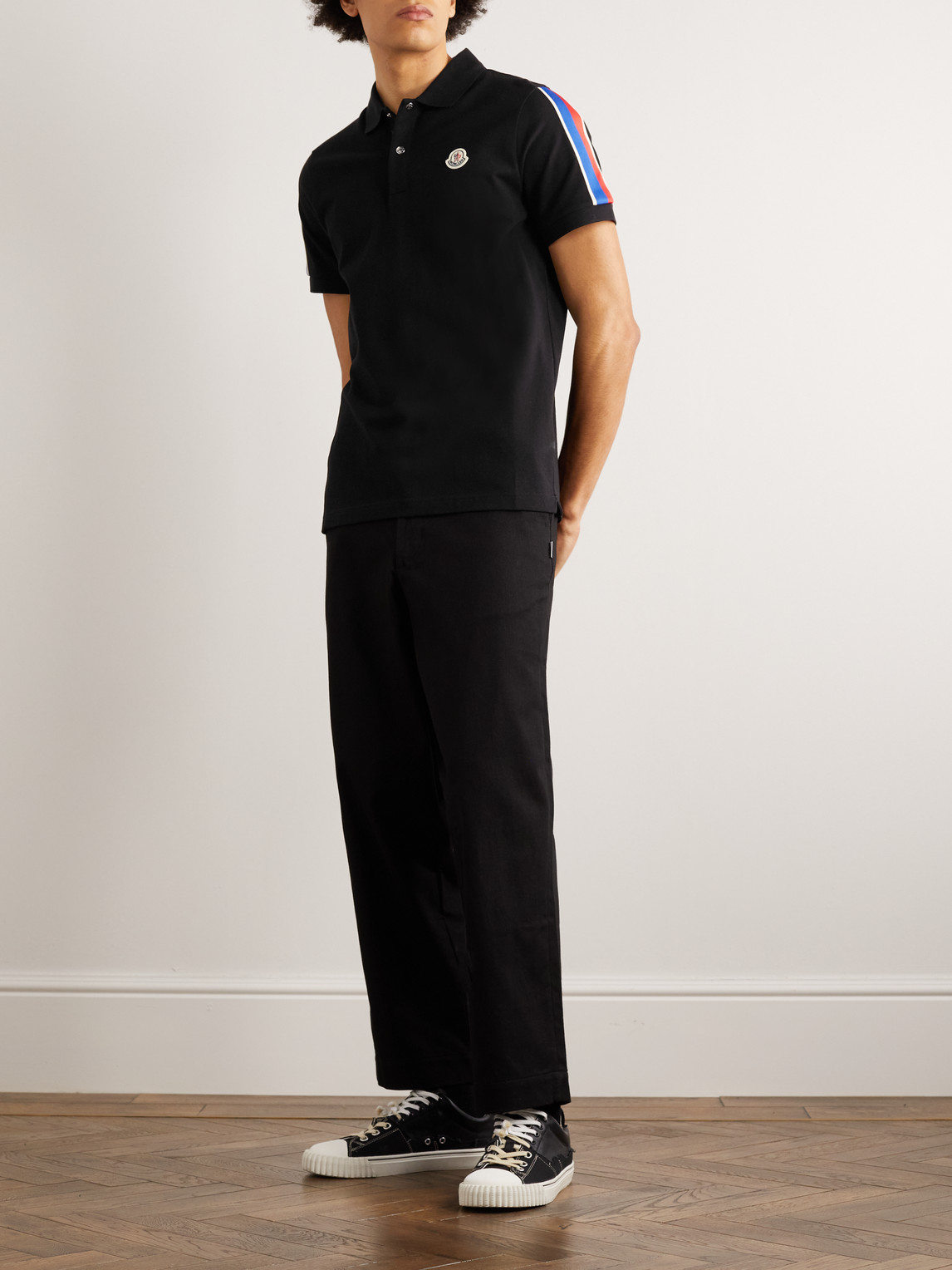 Shop Moncler Logo-appliquéd Webbing-trimmed Cotton-piqué Polo Shirt In Black
