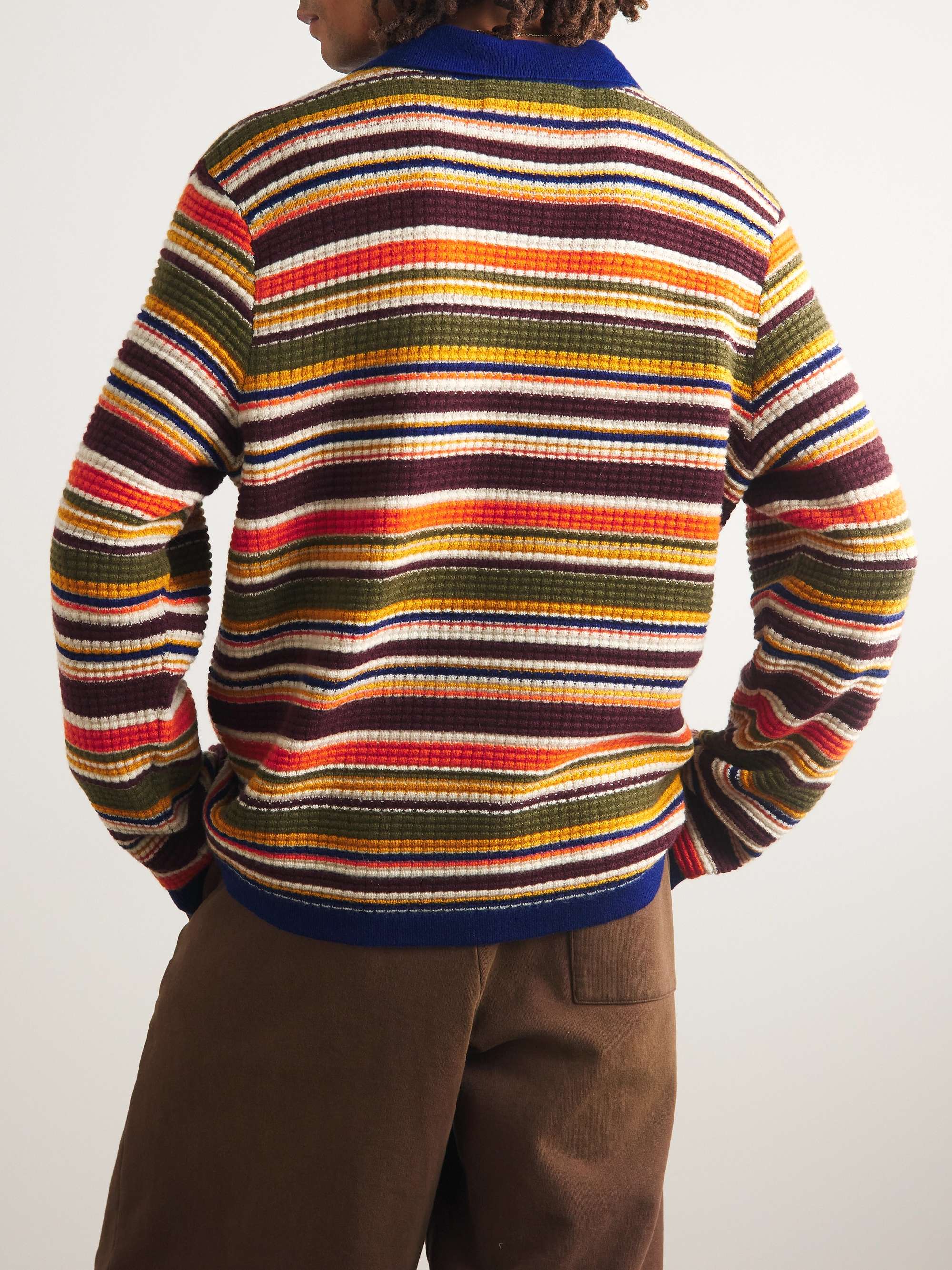THE ELDER STATESMAN Striped Waffle-Knit Cashmere Polo Shirt