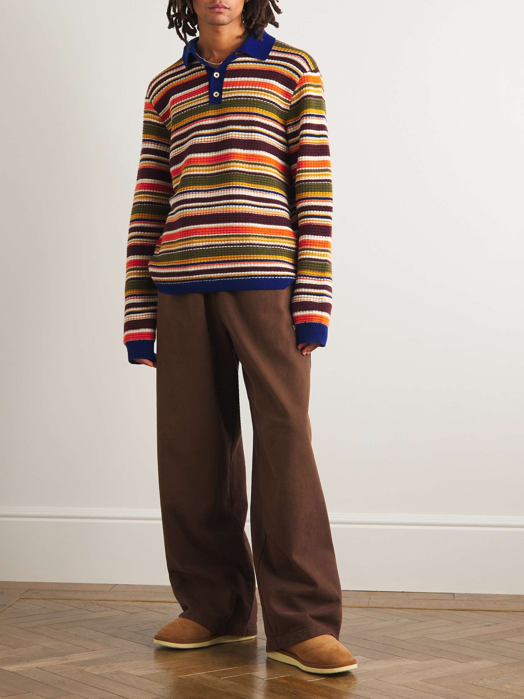 THE ELDER STATESMAN Striped Waffle-Knit Cashmere Polo Shirt