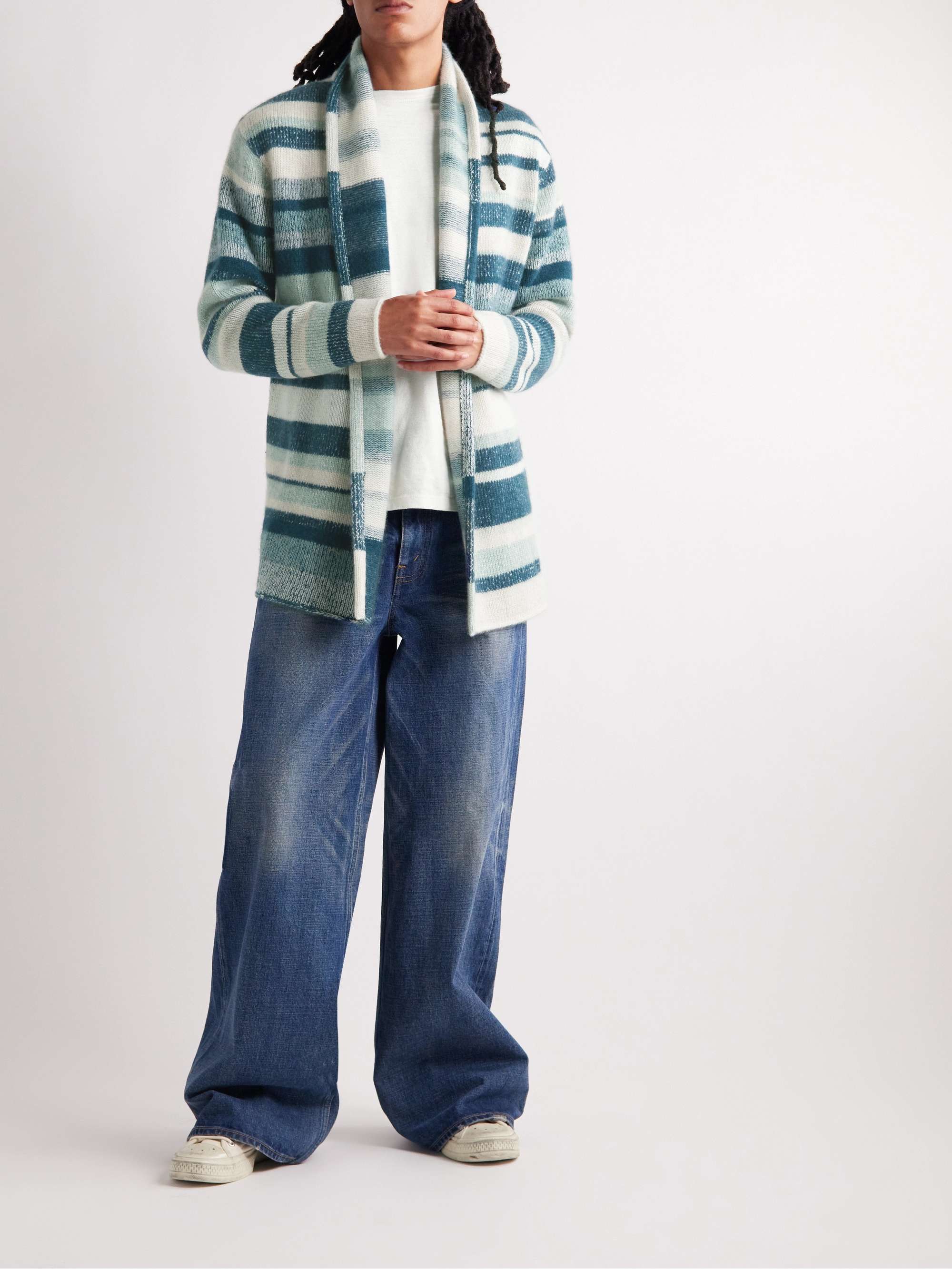THE ELDER STATESMAN Shawl-Collar Striped Cashmere Cardigan