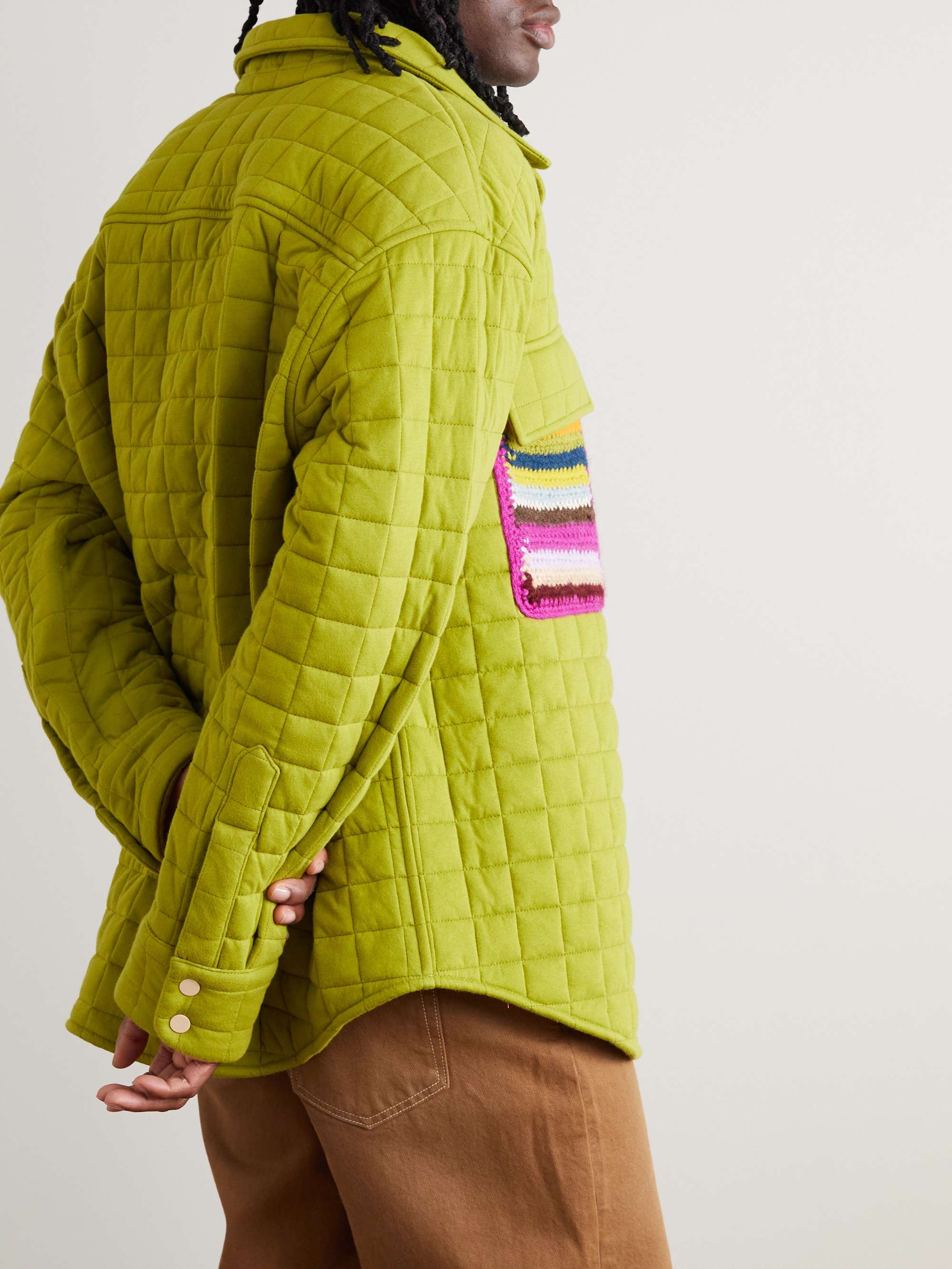 THE ELDER STATESMAN Crochet-Trimmed Quilted Cotton-Jersey Shirt Jacket
