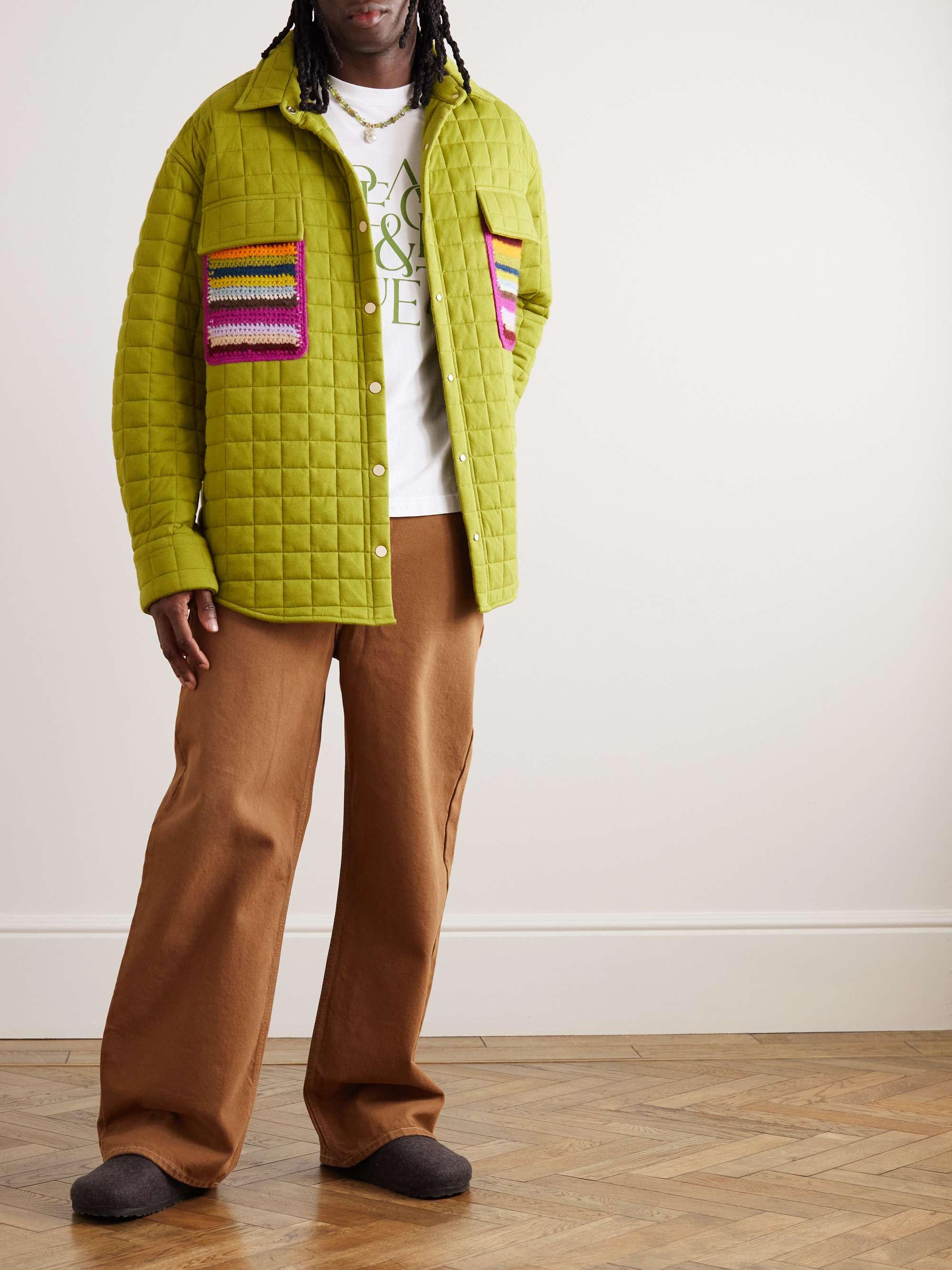 THE ELDER STATESMAN Crochet-Trimmed Quilted Cotton-Jersey Shirt Jacket