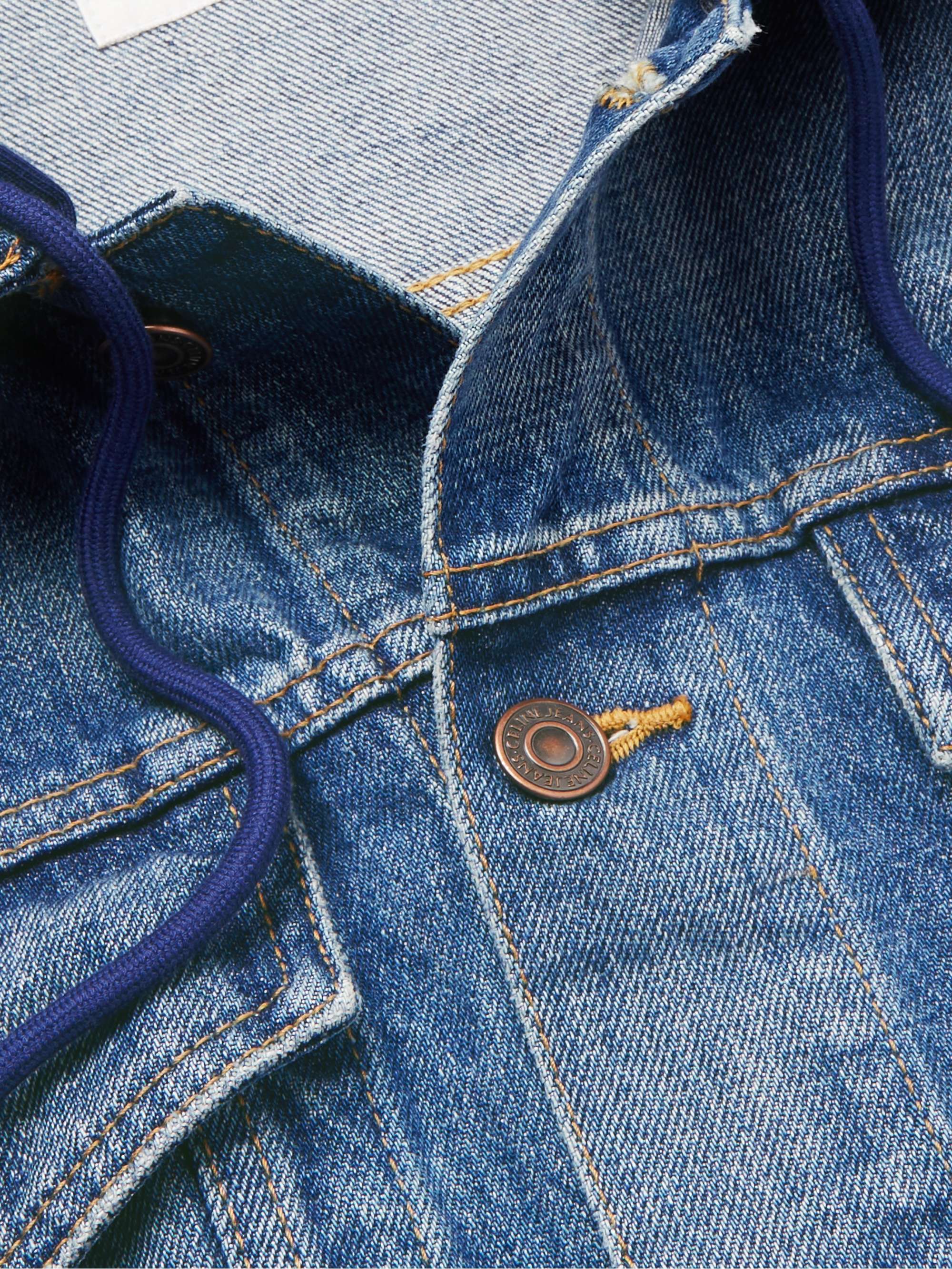 CELINE HOMME Denim and Logo-Print Cotton-Jersey Hooded Trucker Jacket