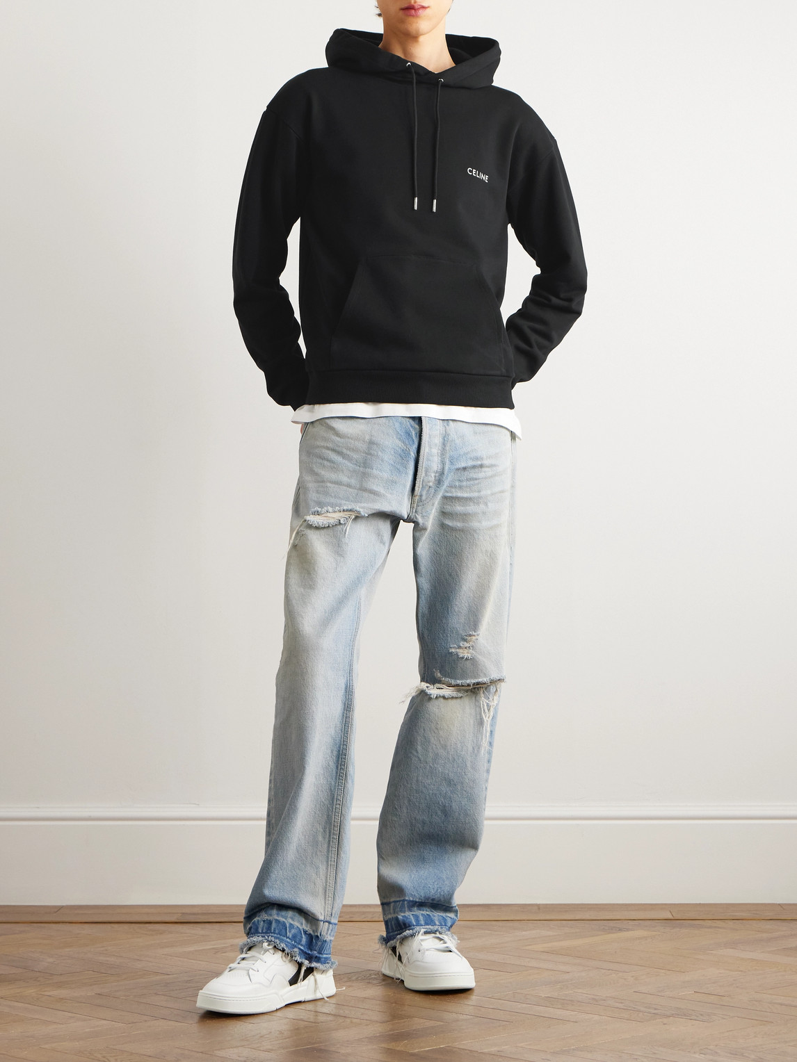 Celine Logo-print Stretch-cotton Jersey Hoodie In Black