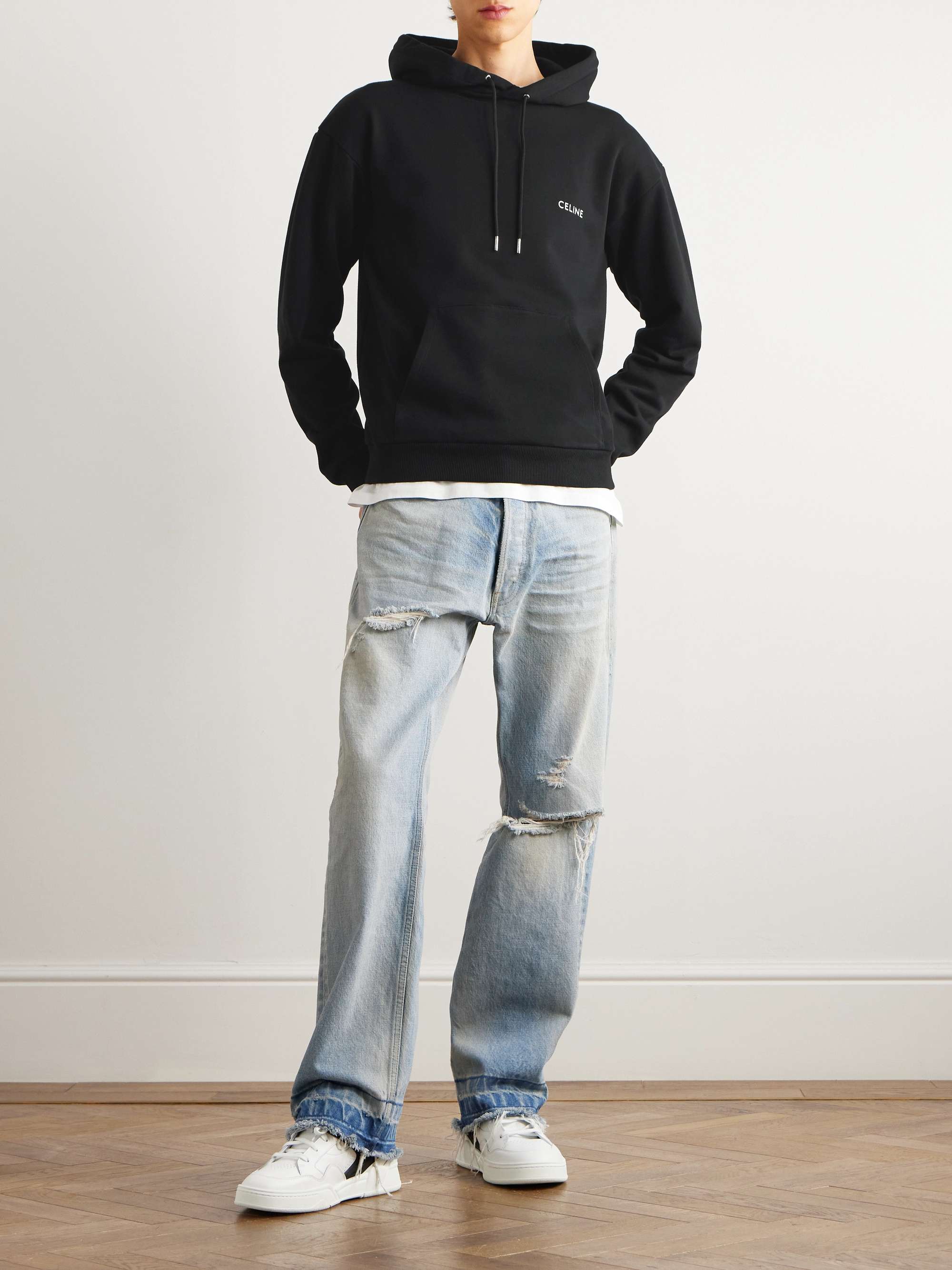 CELINE HOMME Logo-Print Stretch-Cotton Jersey Hoodie