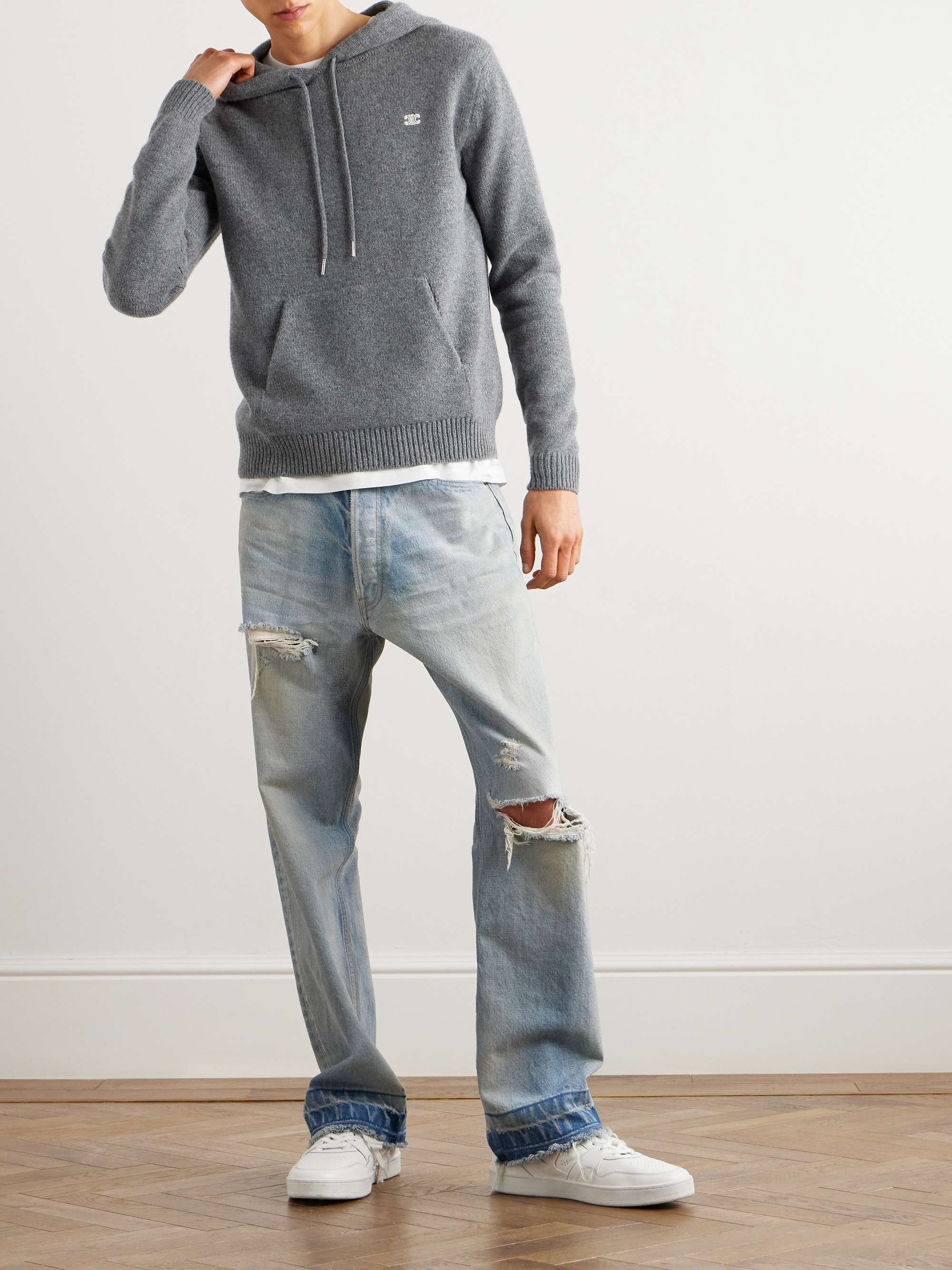 CELINE HOMME Logo-Embroidered Wool and Cashmere-Blend Hoodie