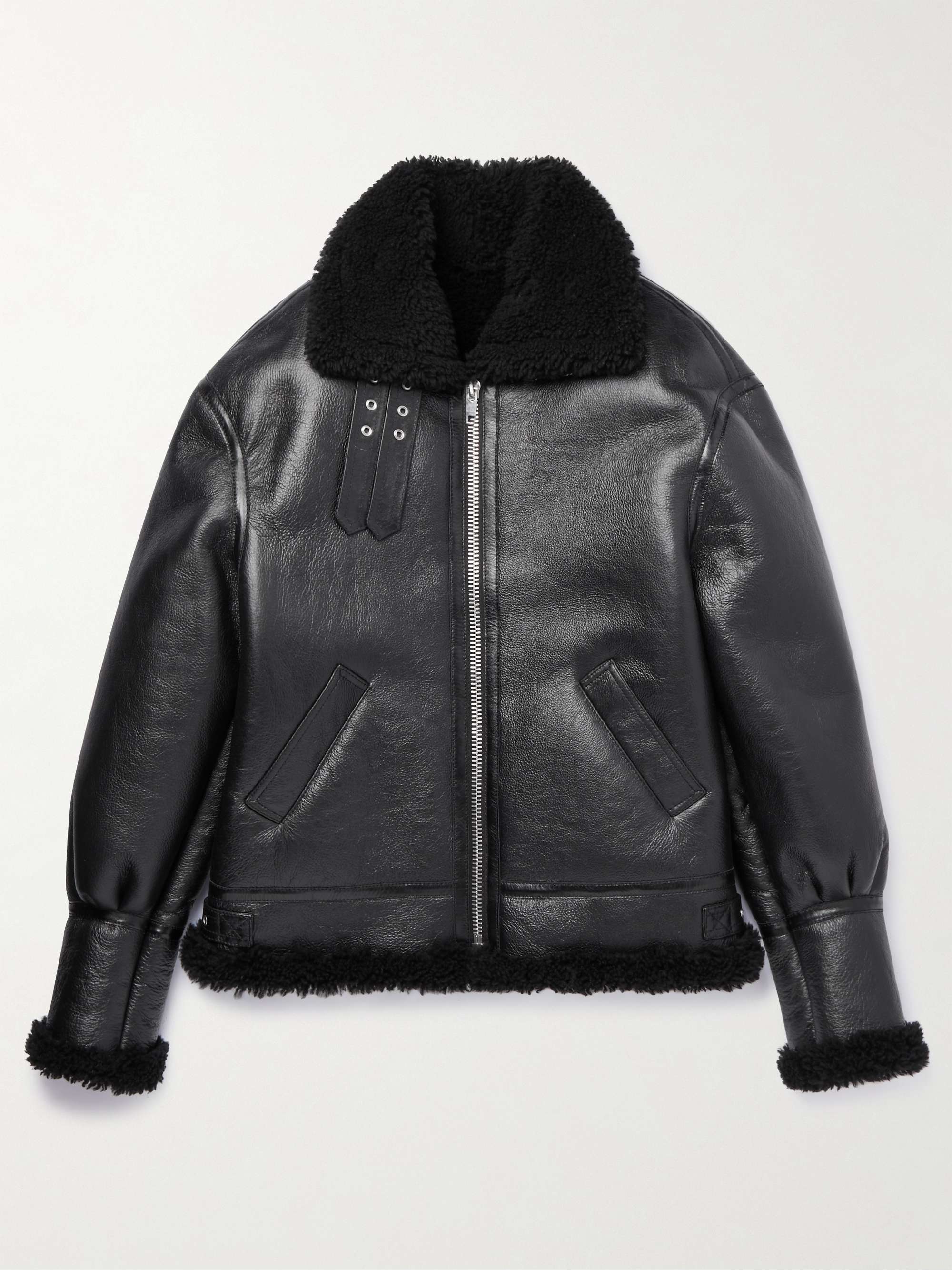 Shearling-Lined Textured-Leather Bomber Jacket Shearling-Lined Textured-Leather Bomber Jacket