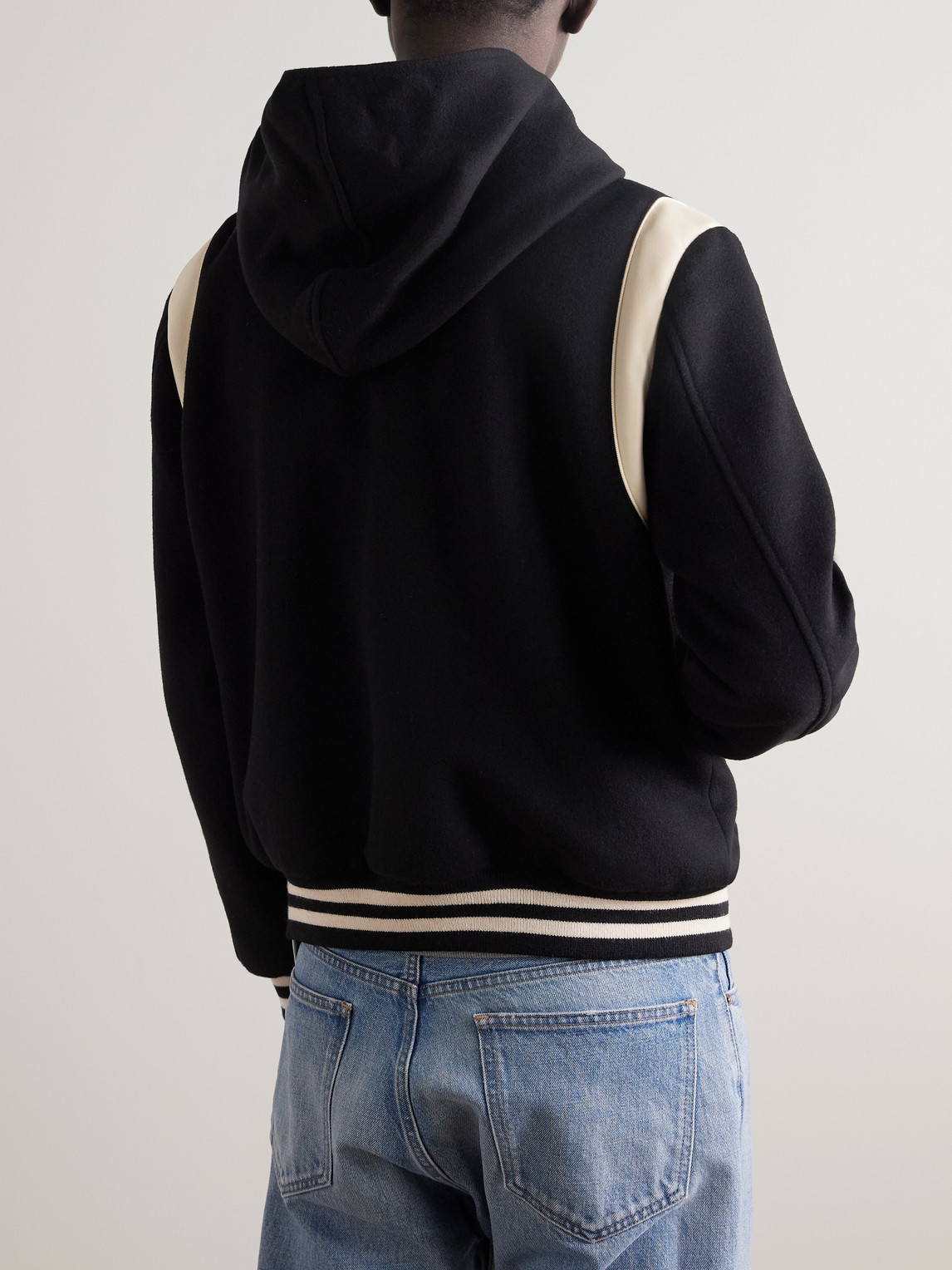 Celine Appliquéd Wool And Cashmere-blend Hooded Varsity Jacket In Black