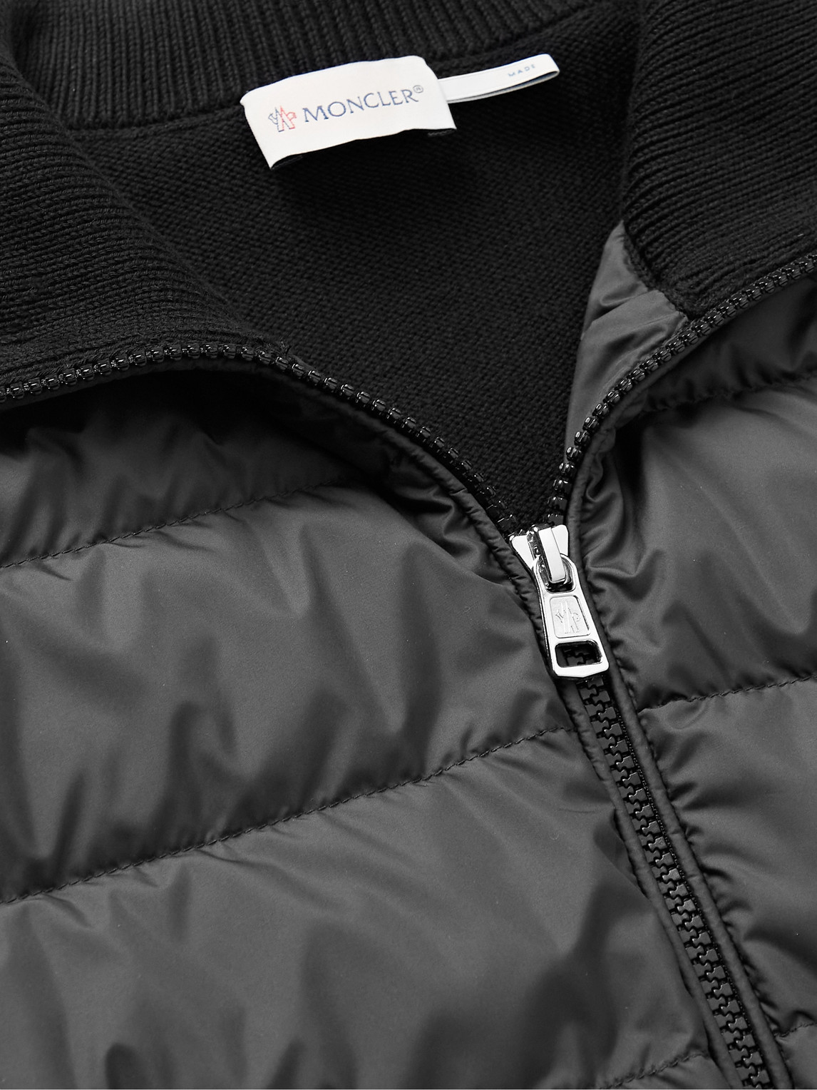 Shop Moncler Panelled Cotton And Quilted Shell Down Zip-up Cardigan In Black