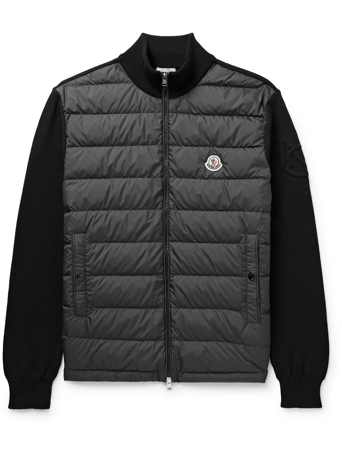 Shop Moncler Panelled Cotton And Quilted Shell Down Zip-up Cardigan In Black