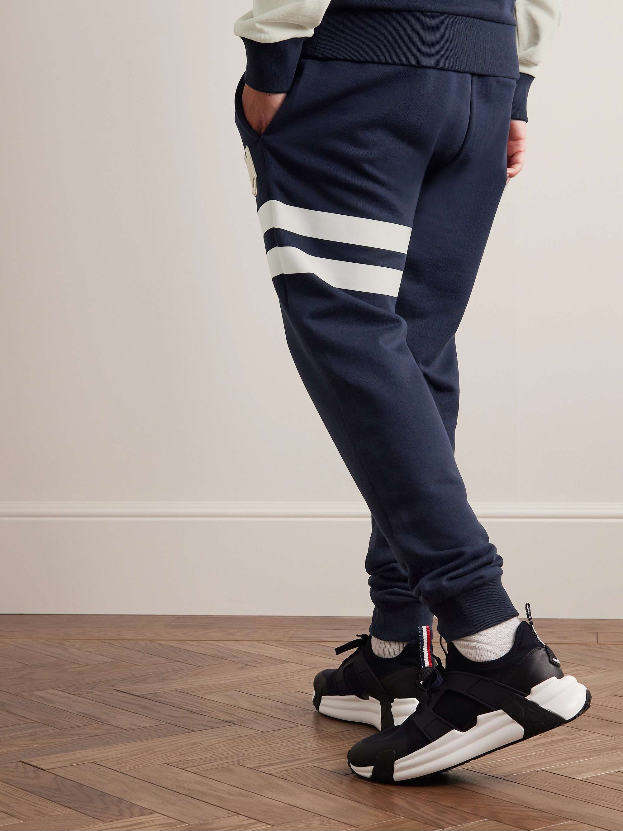 MONCLER Tapered Logo-Appliquéd Striped Cotton-Jersey Sweatpants