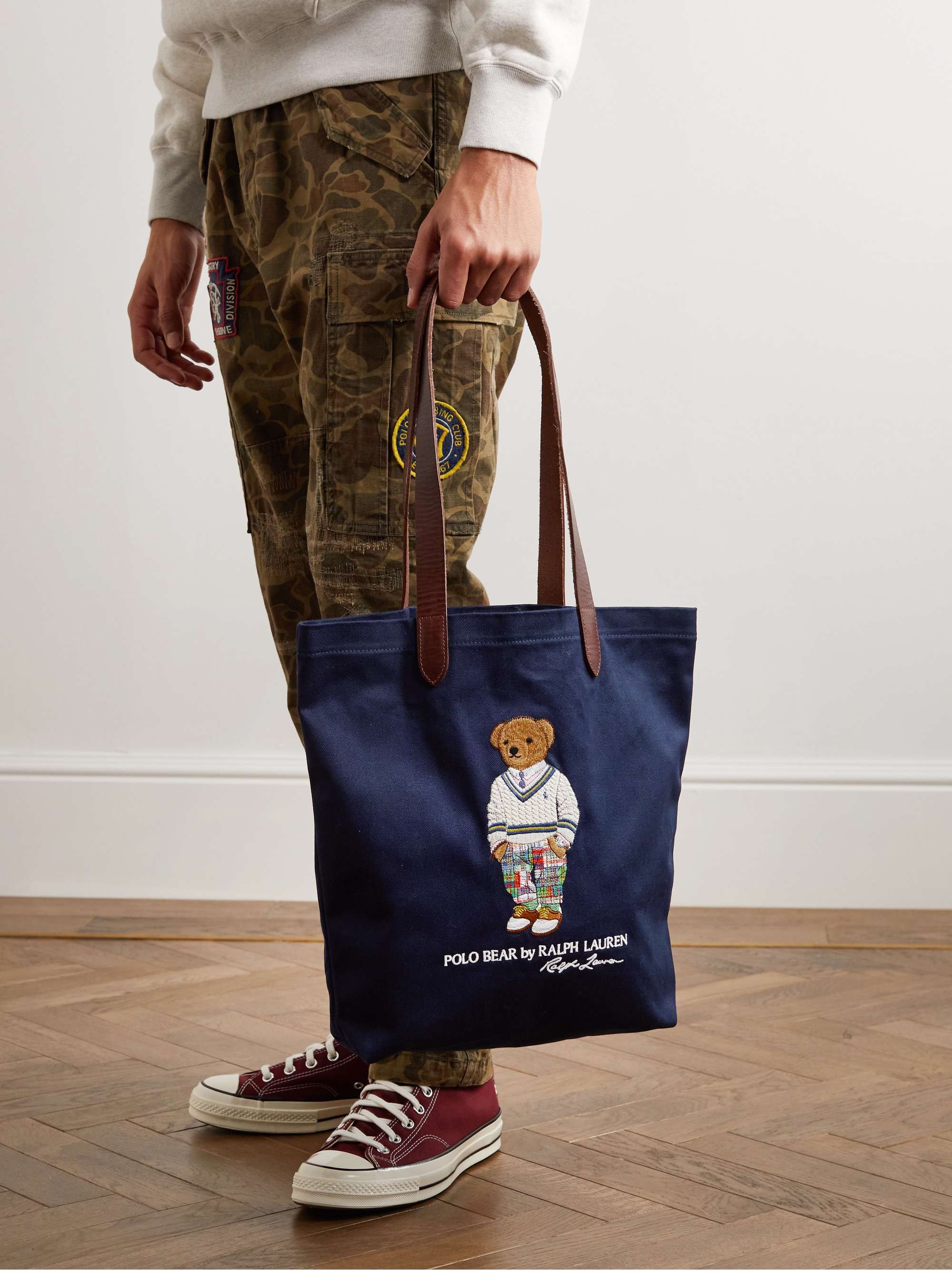 POLO RALPH LAUREN Leather-Trimmed Embroidered Denim Tote Bag