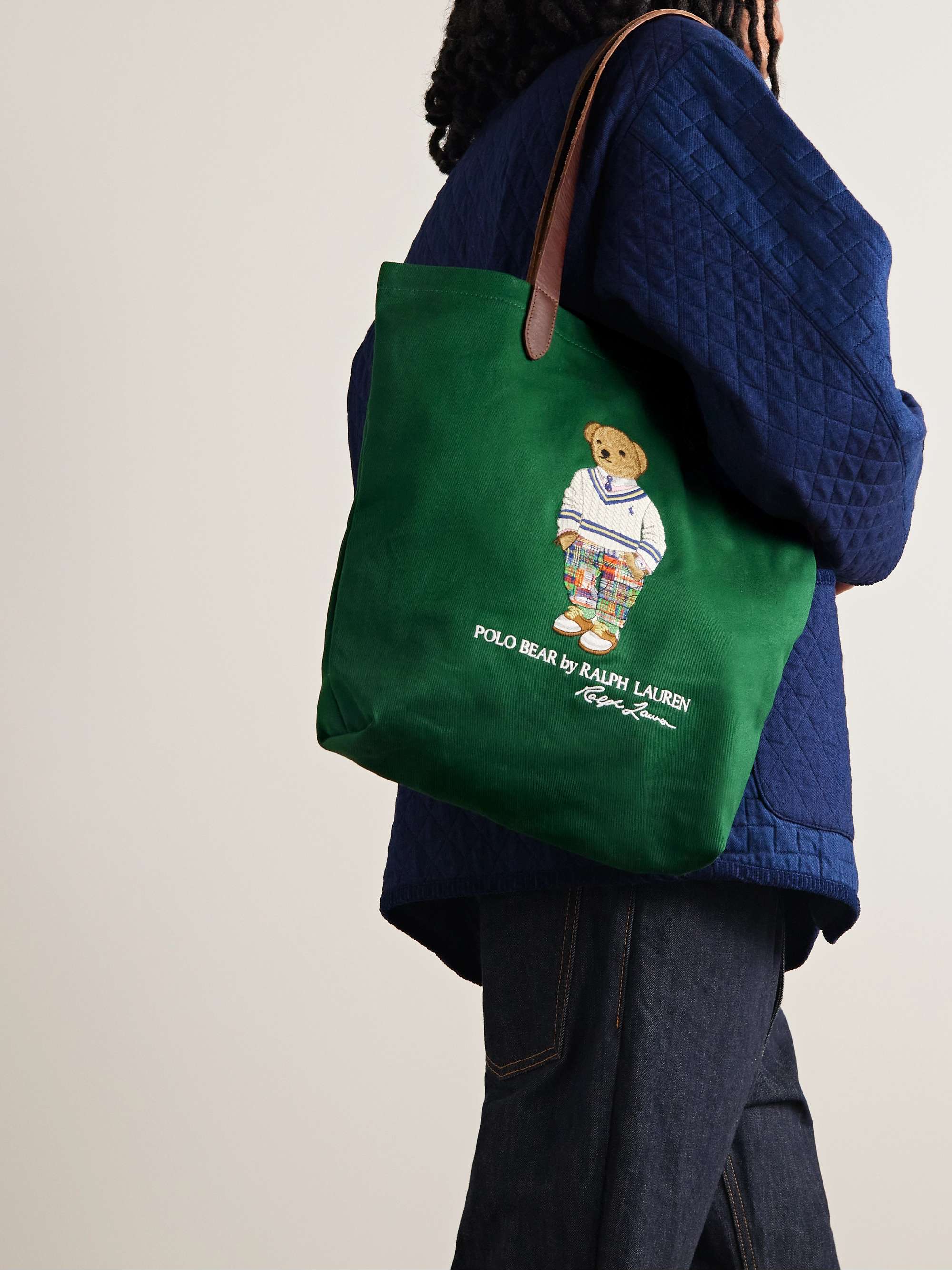 POLO RALPH LAUREN Leather-Trimmed Embroidered Denim Tote Bag