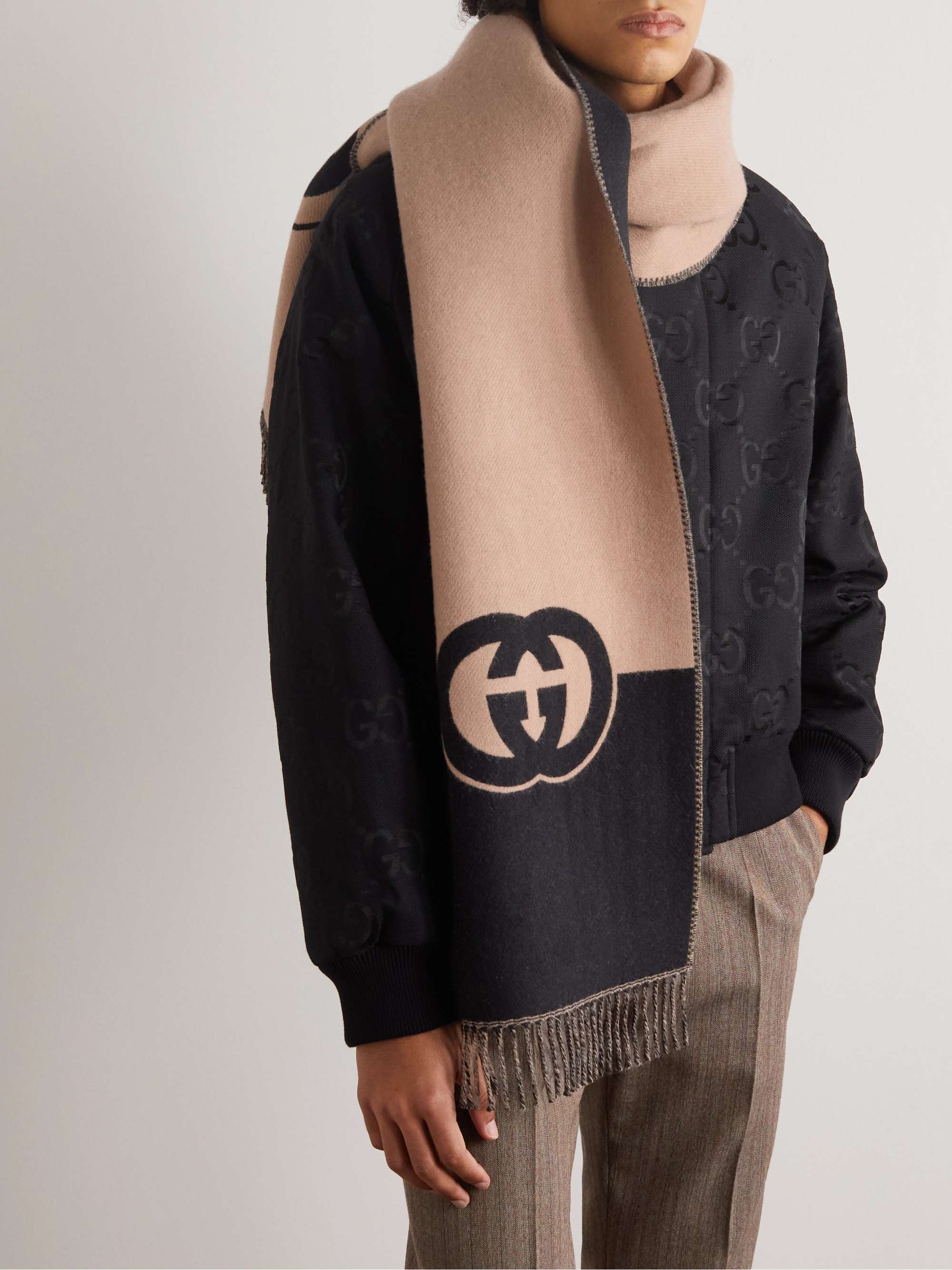 GUCCI Fringed Logo-Jacquard Wool and Cashmere-Blend Scarf