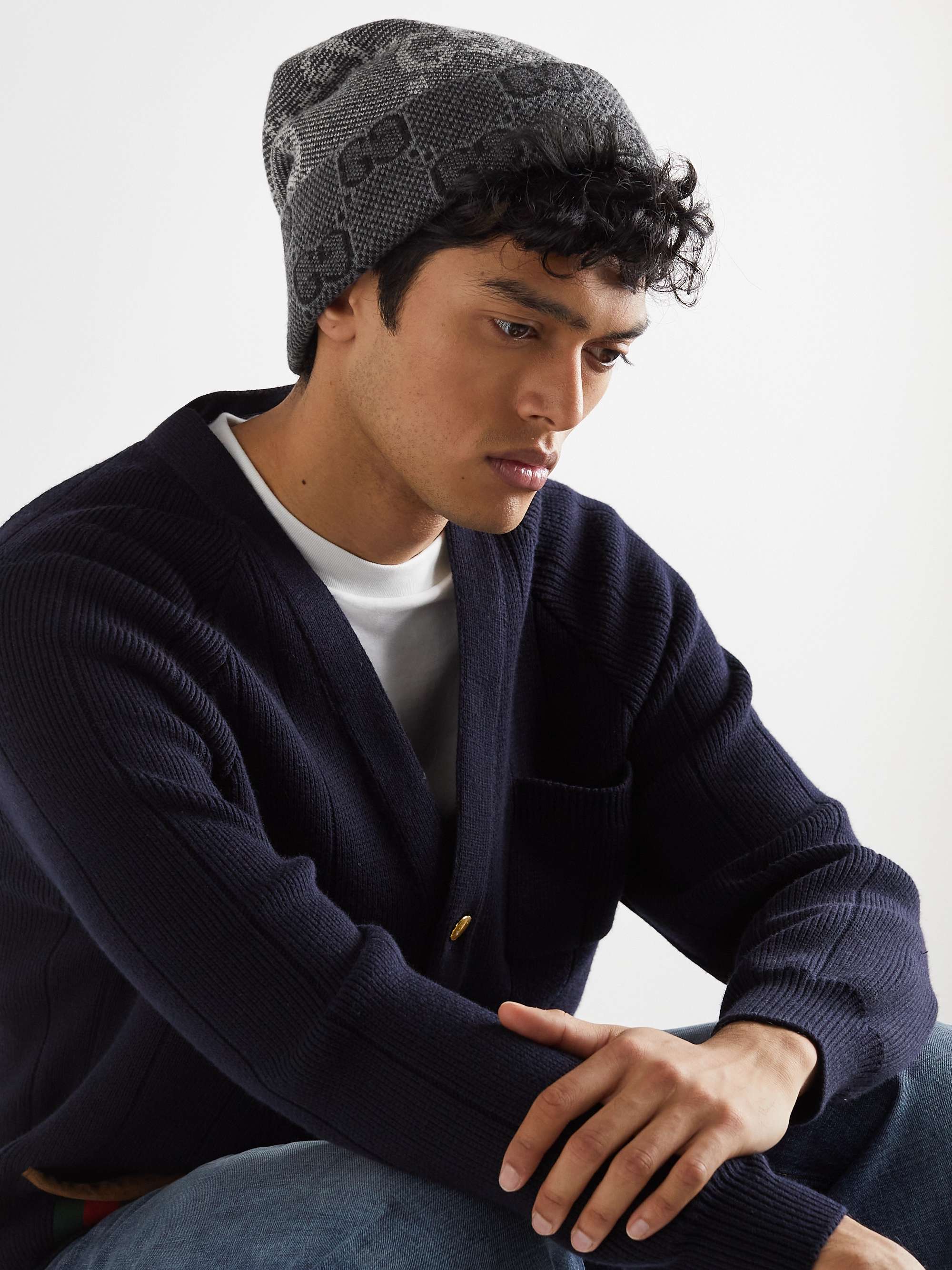 Cotton jacquard beanie hat with all-over logo Armani Sustainability Values  | GIORGIO ARMANI Man