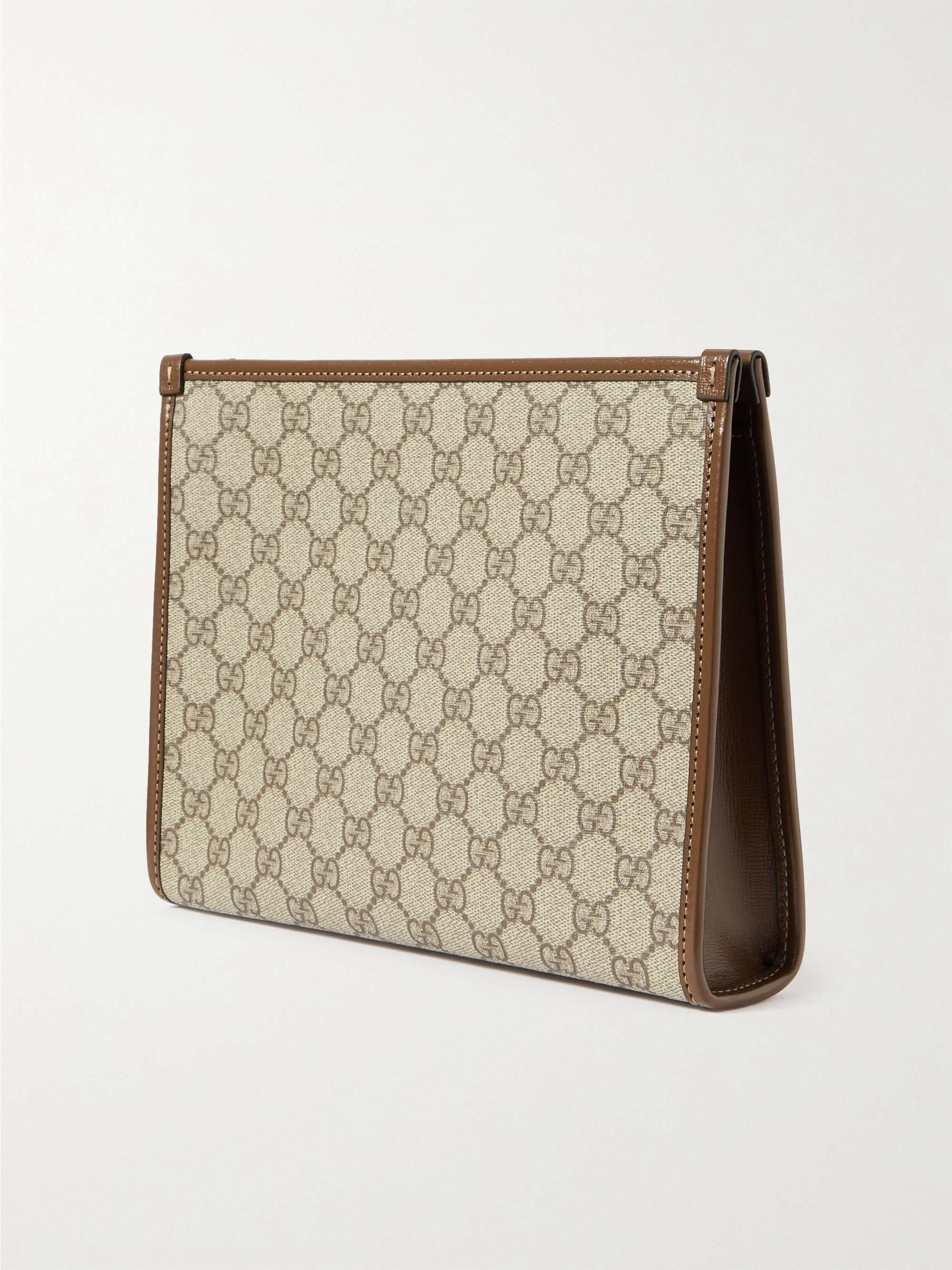 GUCCI Leather-Trimmed Monogrammed Coated-Canvas Pouch