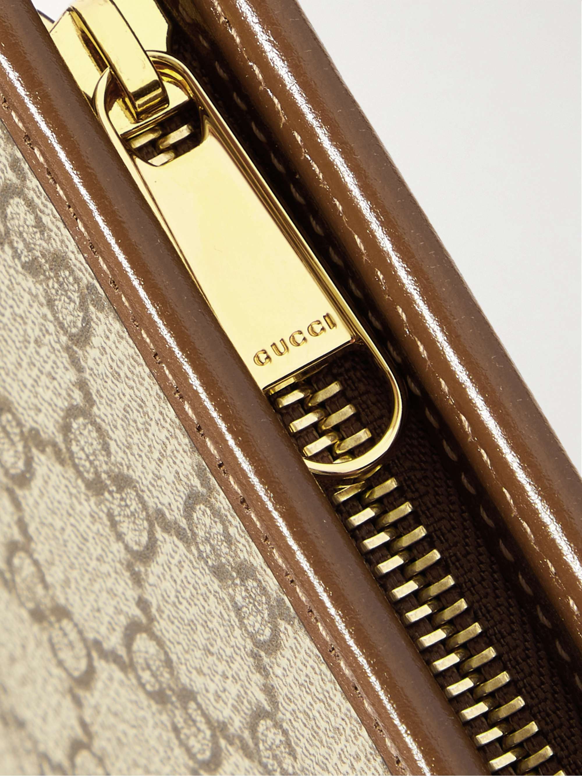 GUCCI Leather-Trimmed Monogrammed Coated-Canvas Pouch