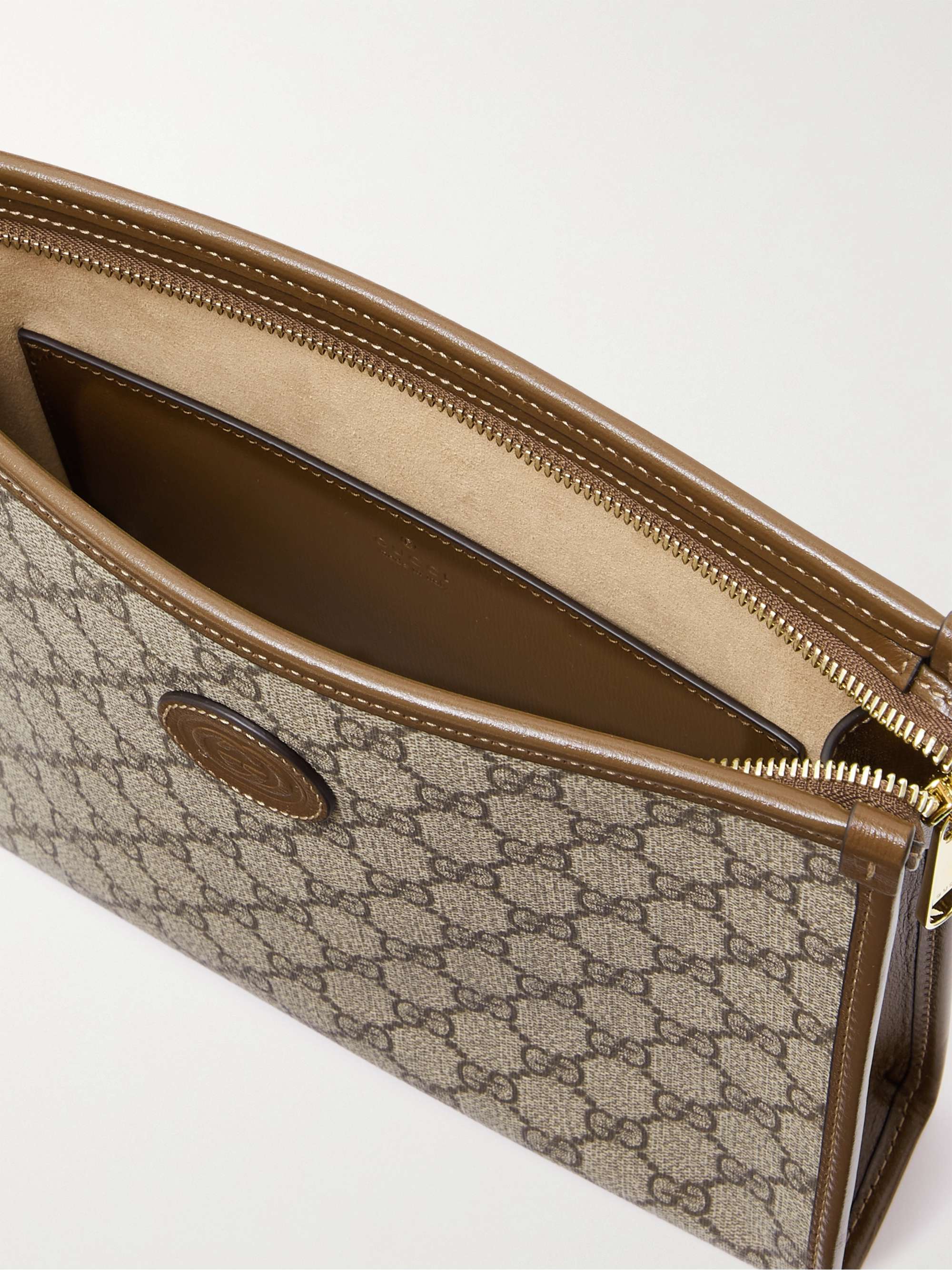 GUCCI Leather-Trimmed Monogrammed Coated-Canvas Pouch