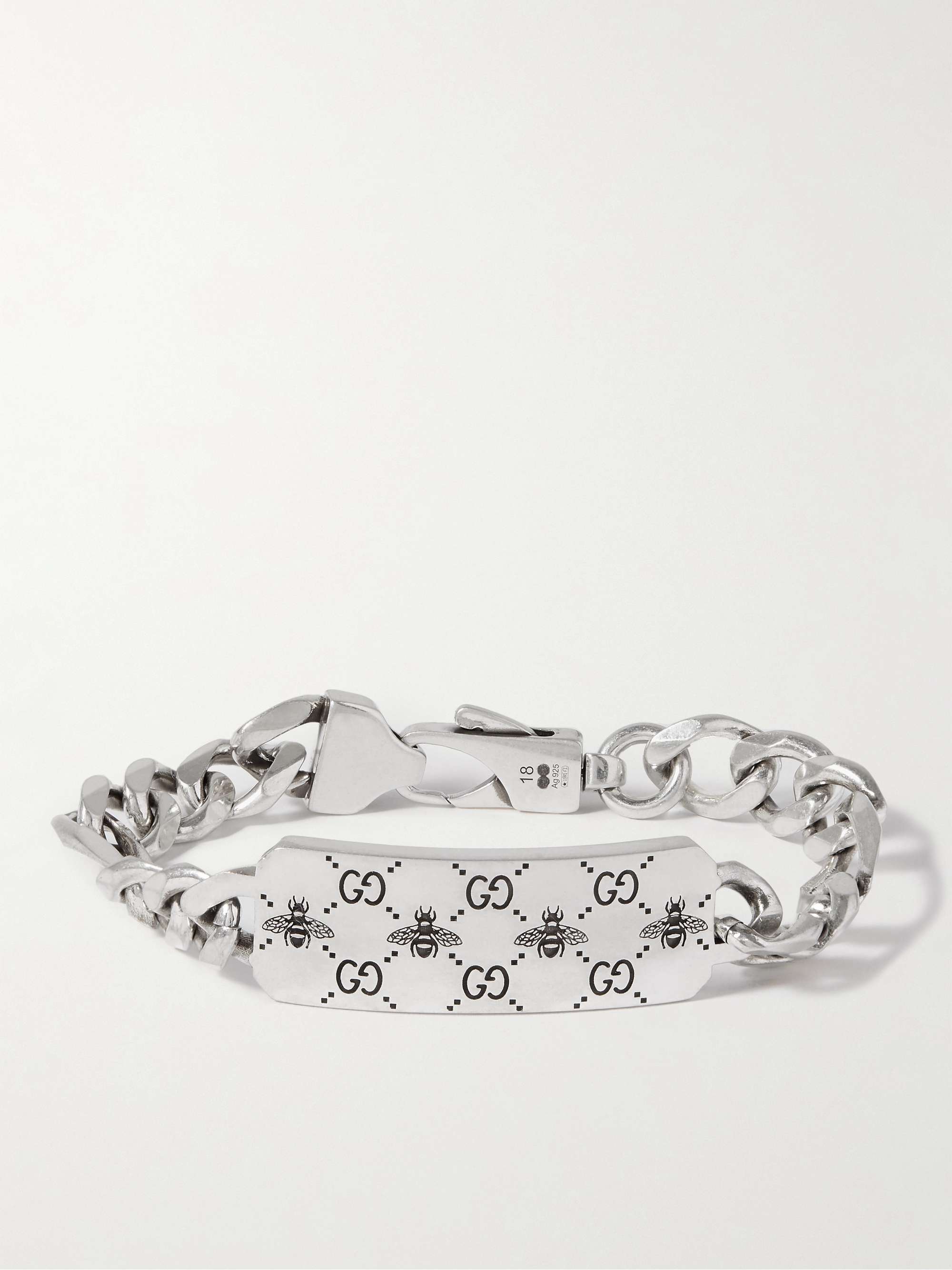 GG and Bee Engraved Silver ID Bracelet
