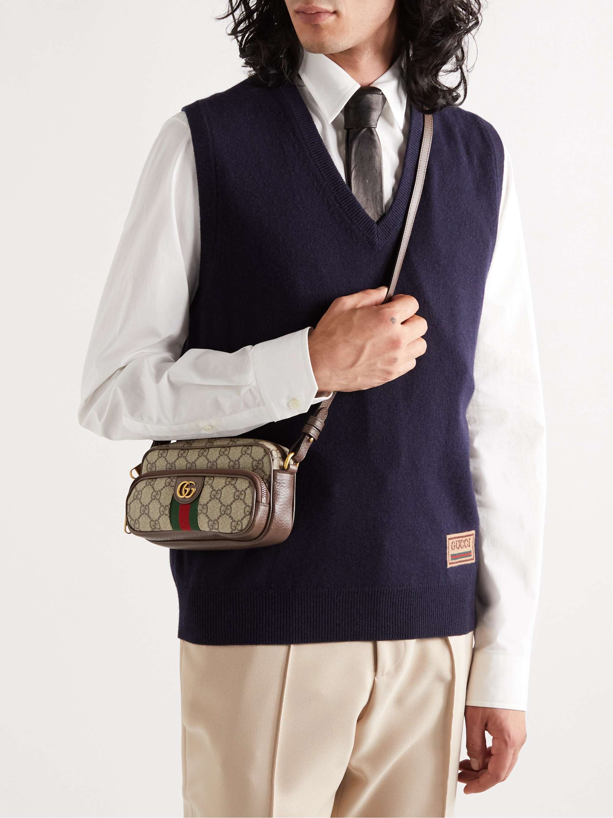 Ophidia Mini Leather-Trimmed Monogrammed Coated-Canvas Messenger Bag