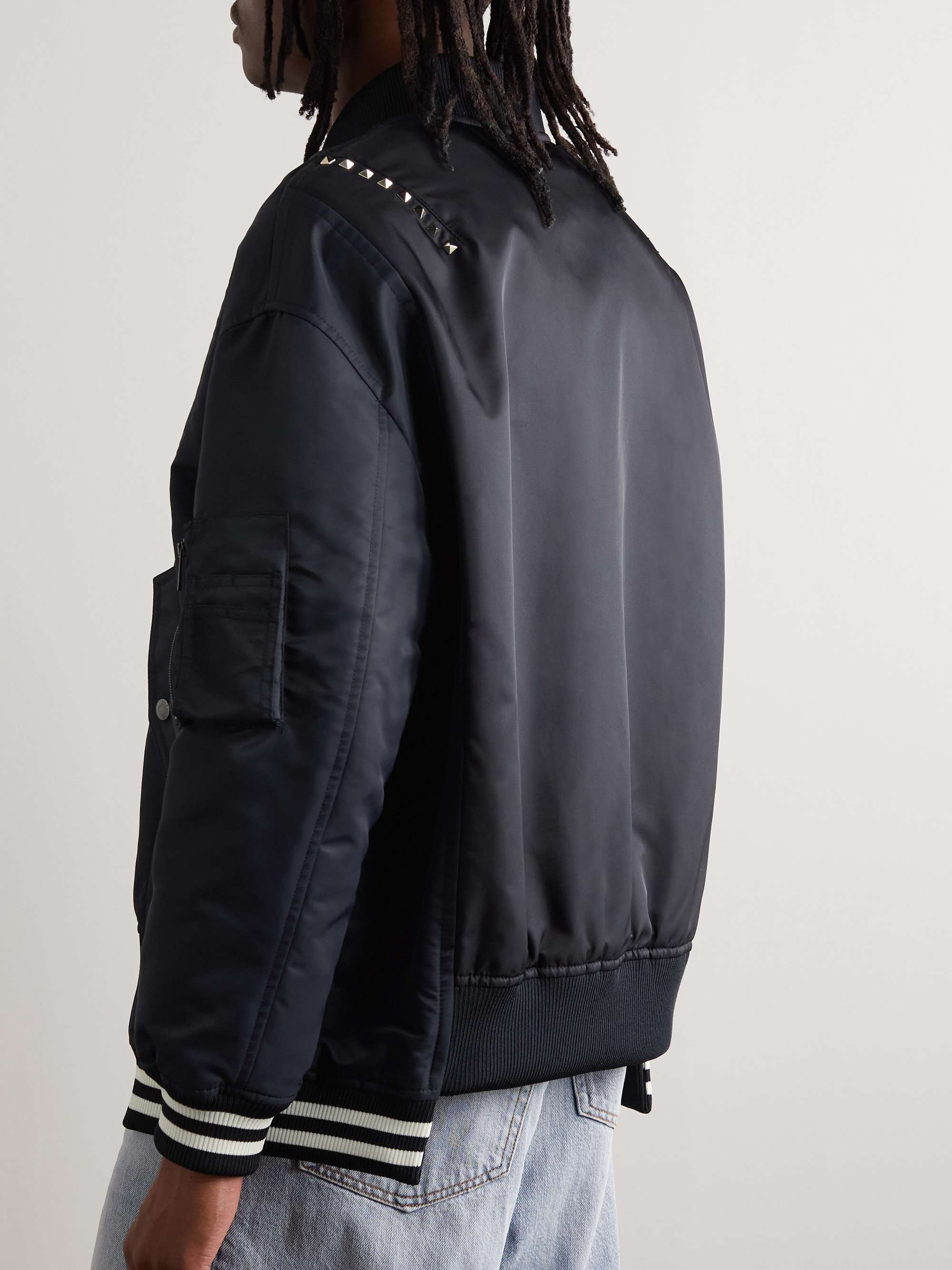 Oversized Studded Nylon Bomber Jacket - navy - IT 46