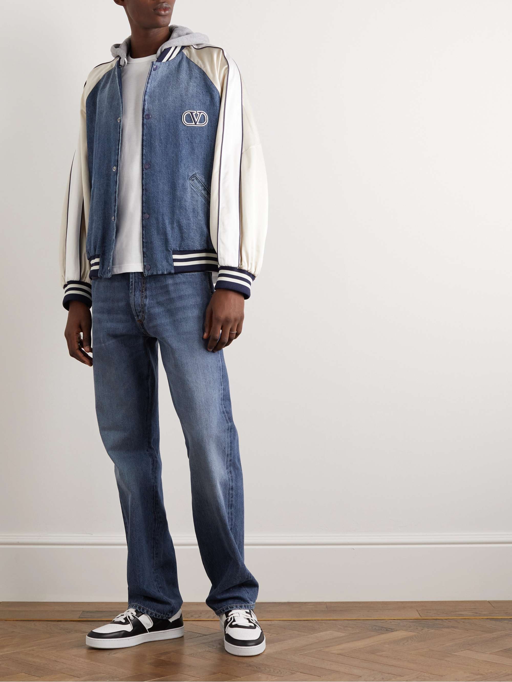Cotton-Jersey, Satin and Denim Hooded Bomber Jacket