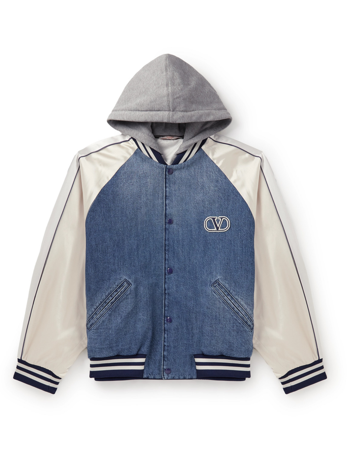 VALENTINO COTTON-JERSEY, SATIN AND DENIM HOODED BOMBER JACKET