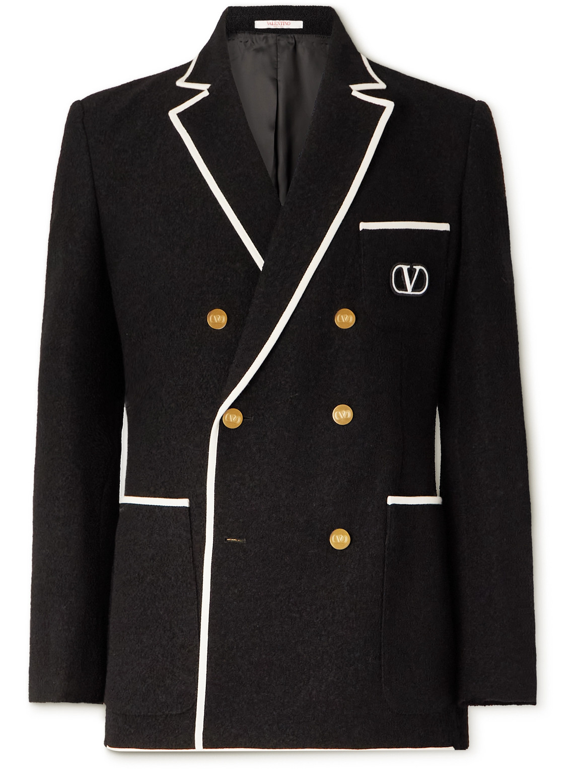 VALENTINO LOGO-EMBROIDERED DOUBLE-BREASTED WOOL-BLEND BOUCLÉ BLAZER