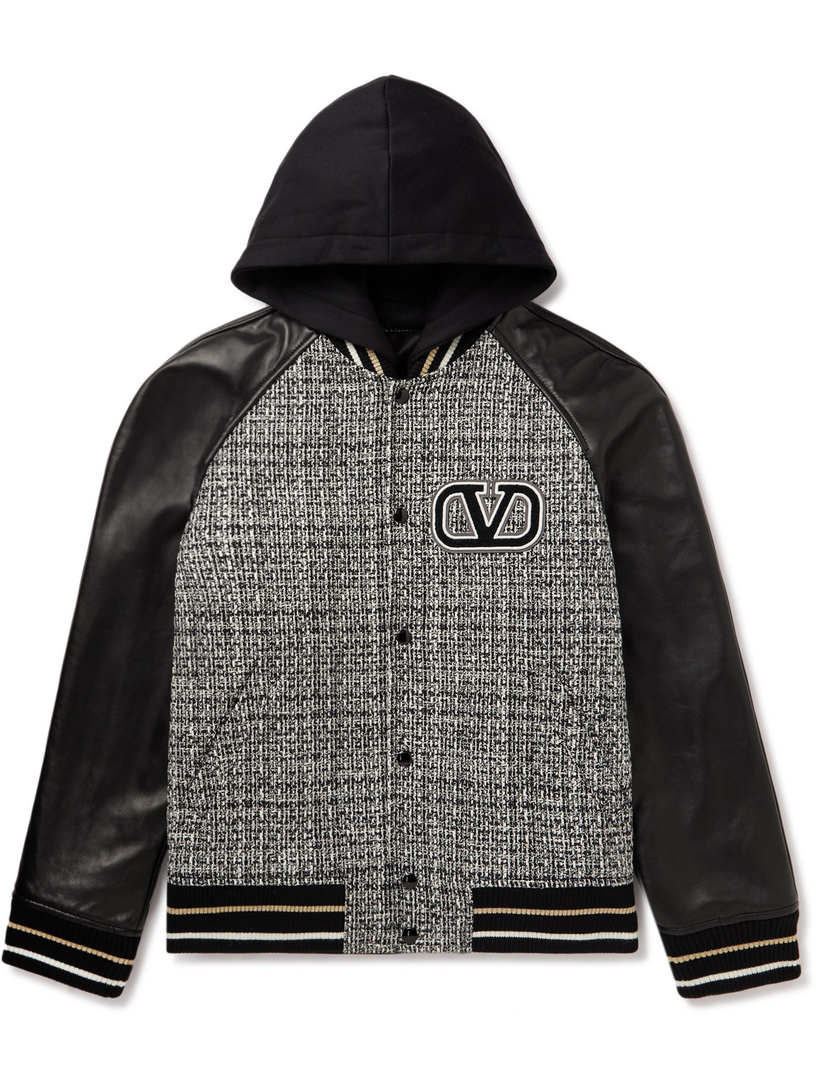 VALENTINO COTTON-BLEND BOUCLÉ-TWEED AND LEATHER HOODED BOMBER JACKET