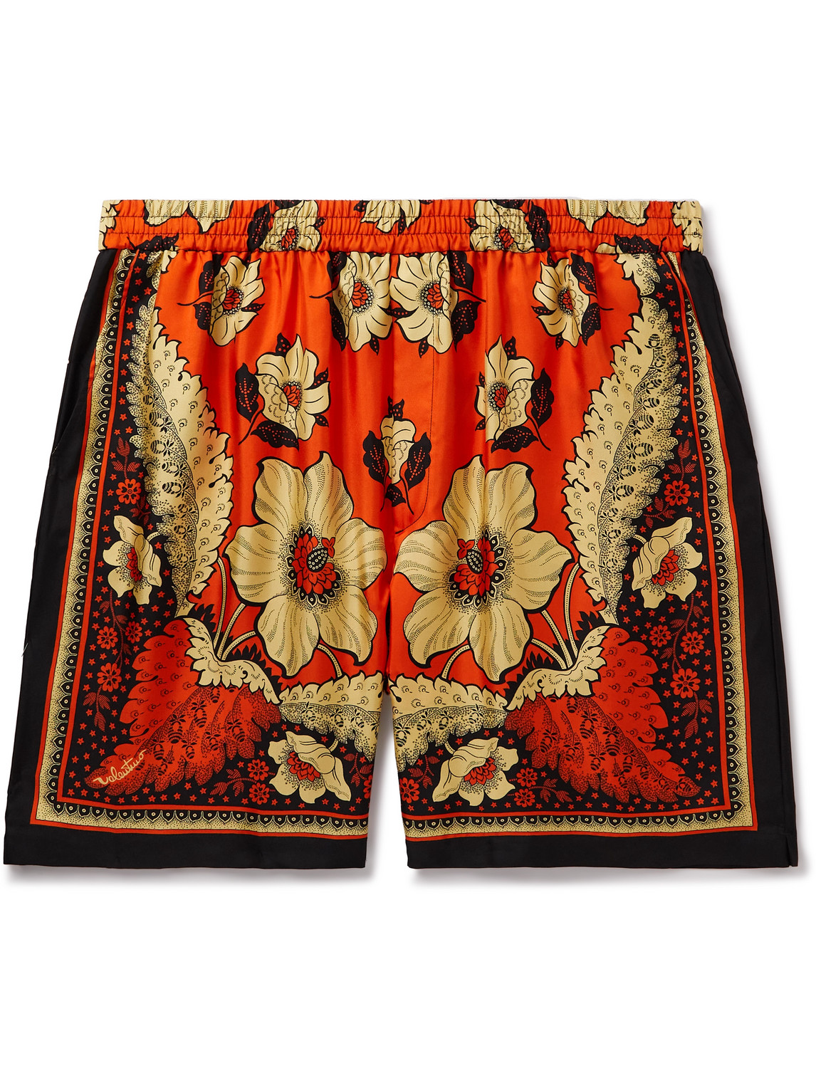 Valentino Straight-leg Floral-print Silk-twill Bermuda Shorts In Orange