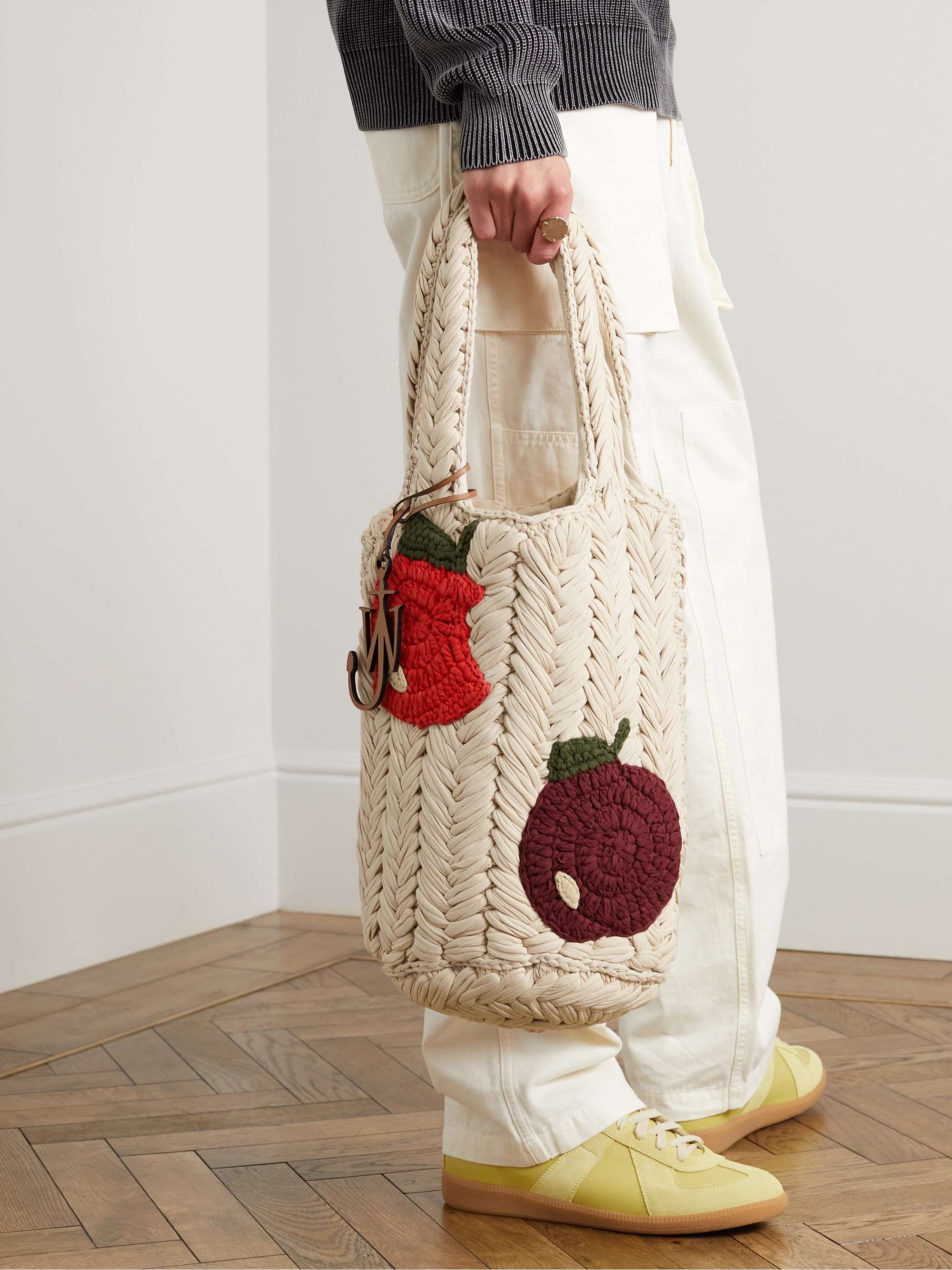JW ANDERSON Leather-Trimmed Crochet-Knit Organic Cotton Tote Bag