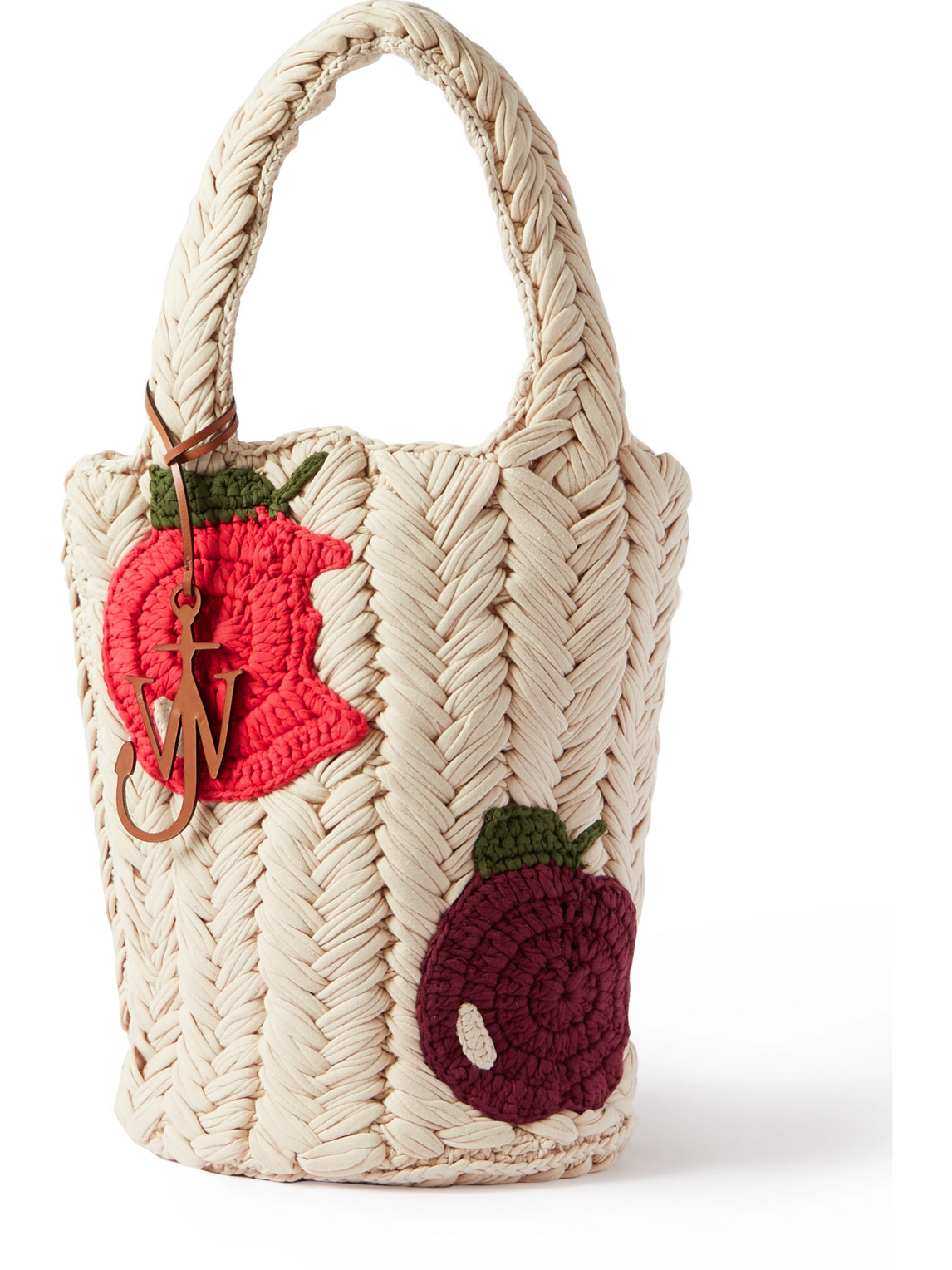 JW ANDERSON LEATHER-TRIMMED CROCHET-KNIT ORGANIC COTTON TOTE BAG