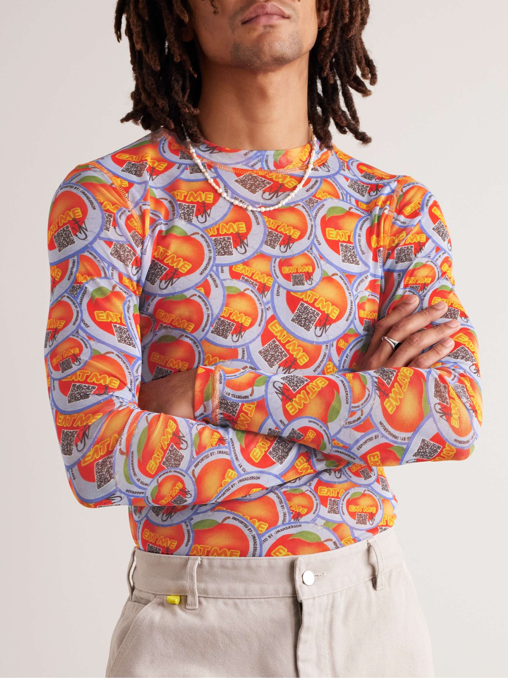 JW ANDERSON Eat Me Sticker Printed Stretch-Mesh T-Shirt