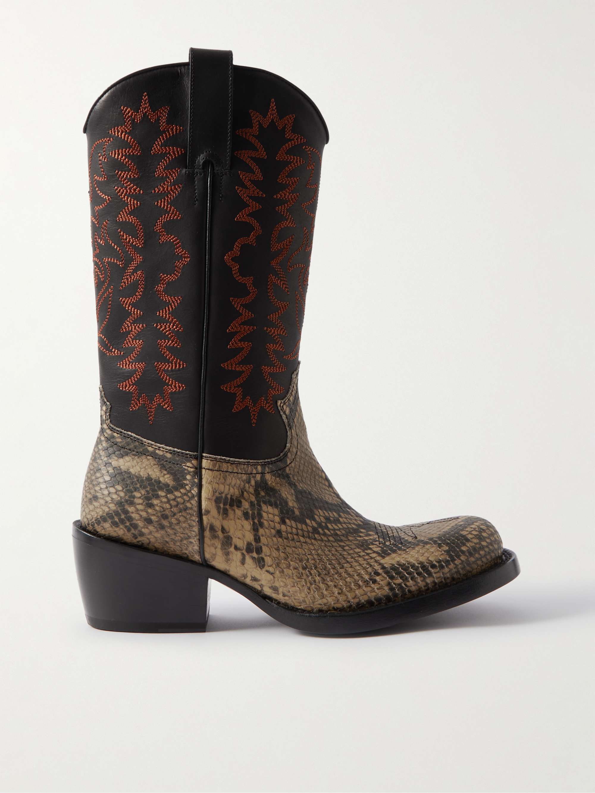 DRIES VAN NOTEN Snake-Effect and Embroidered Leather Boots