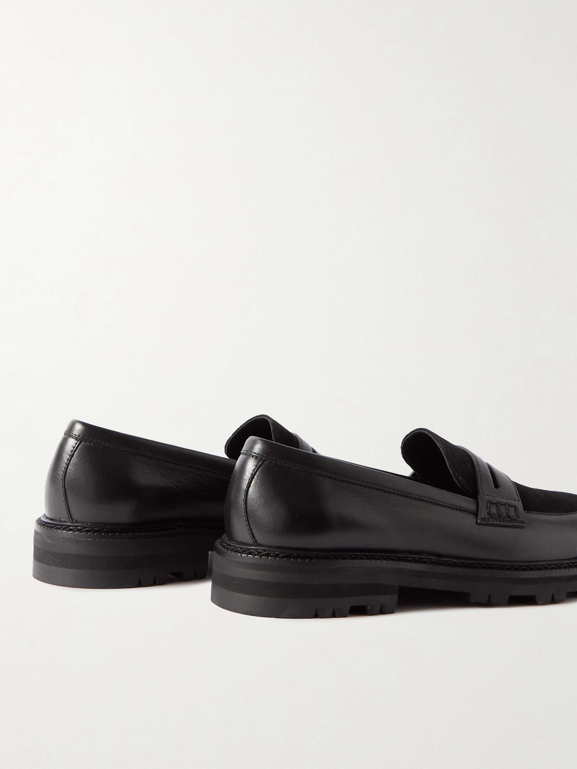 MANOLO BLAHNIK Hudson Suede-Trimmed Leather Penny Loafers