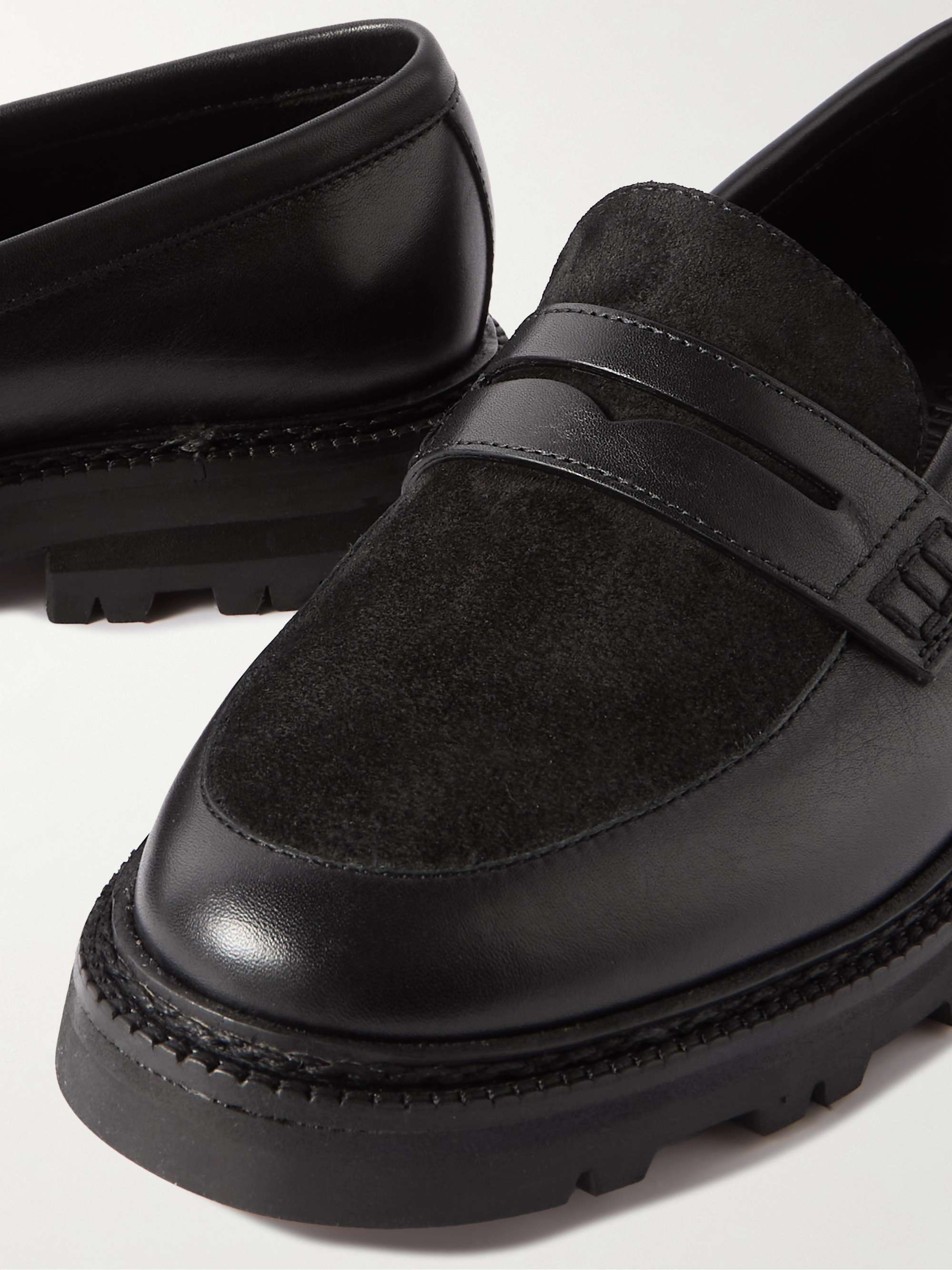 MANOLO BLAHNIK Hudson Suede-Trimmed Leather Penny Loafers