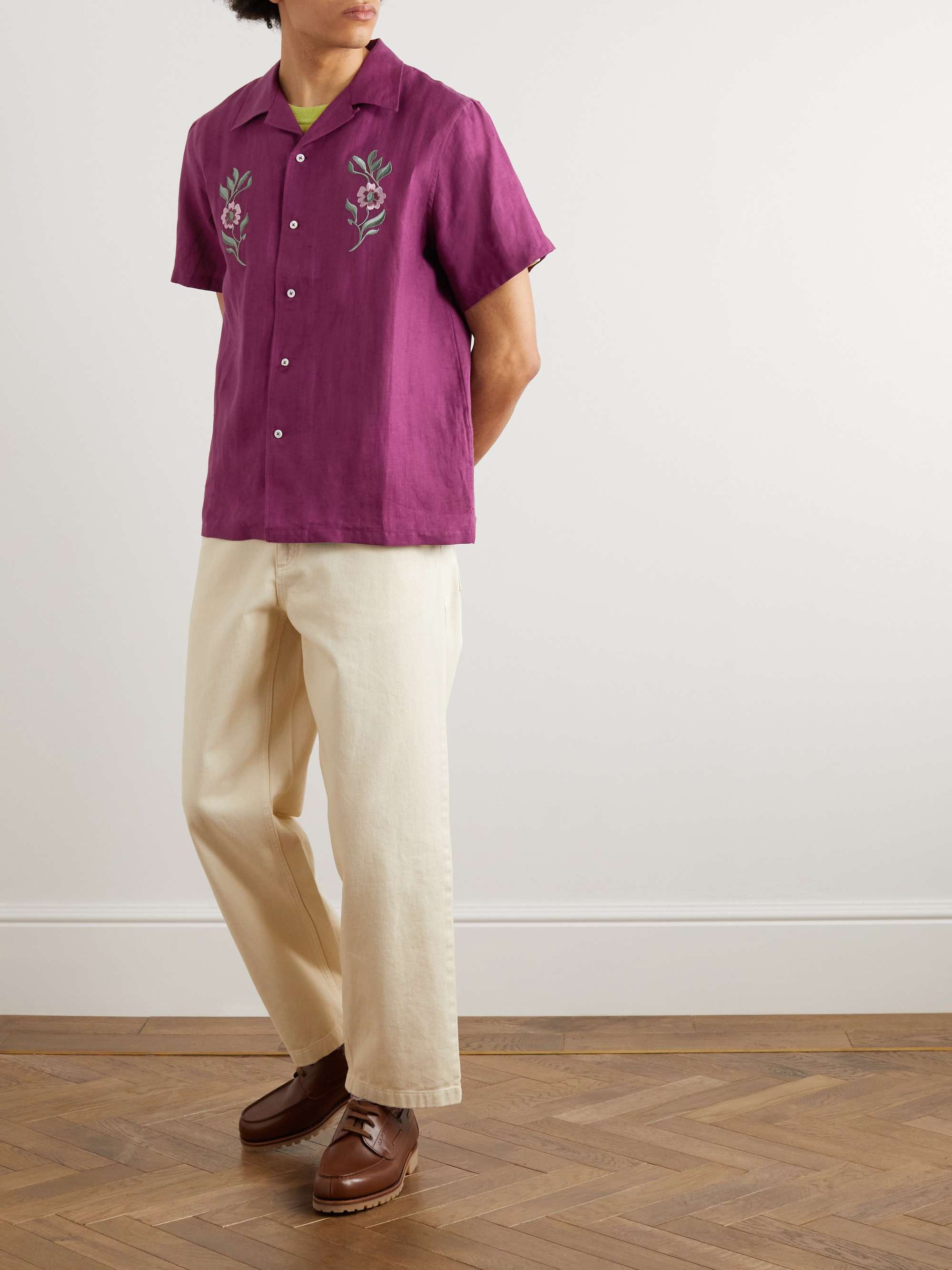 DE BONNE FACTURE Camp-Collar Embroidered Linen Shirt