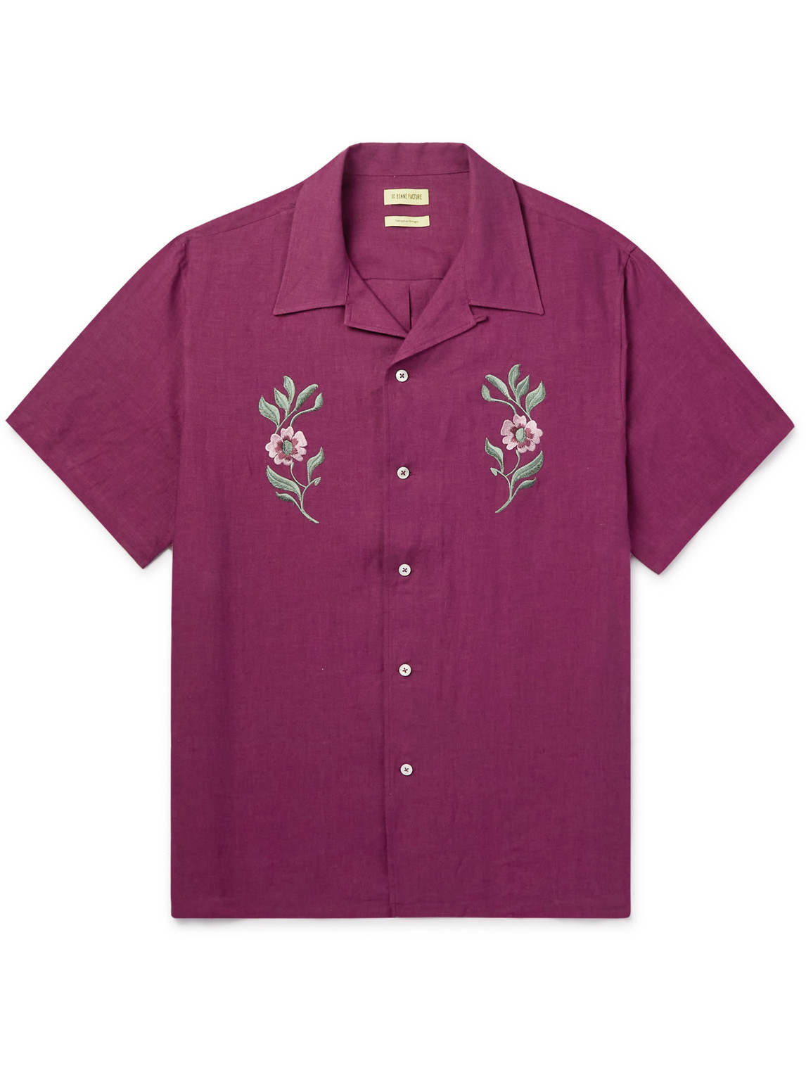 Camp-Collar Embroidered Linen Shirt