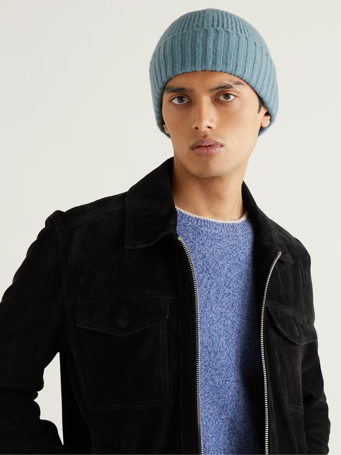 Shop Mr P Ribbed Brushed Wool Beanie In Blue