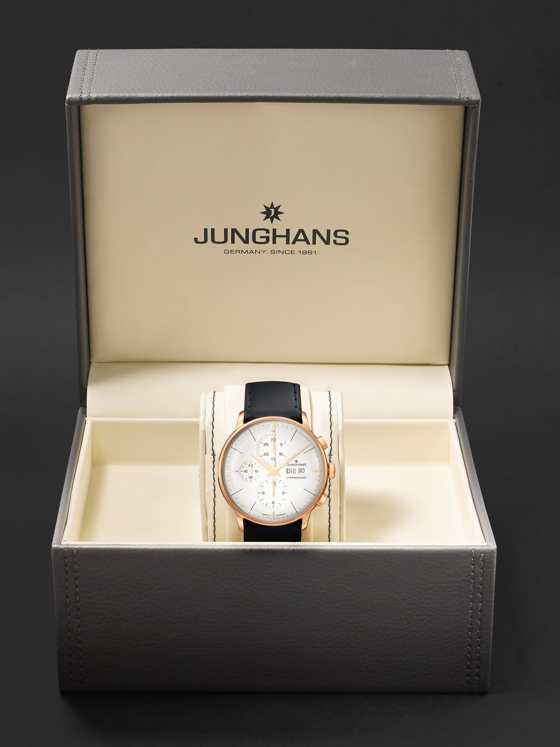 Shop Junghans Meister Chronoscope Automatic 40.7 Mm Pvd-coated Stainless Steel And Leather Watch, 027/7023.03 In White