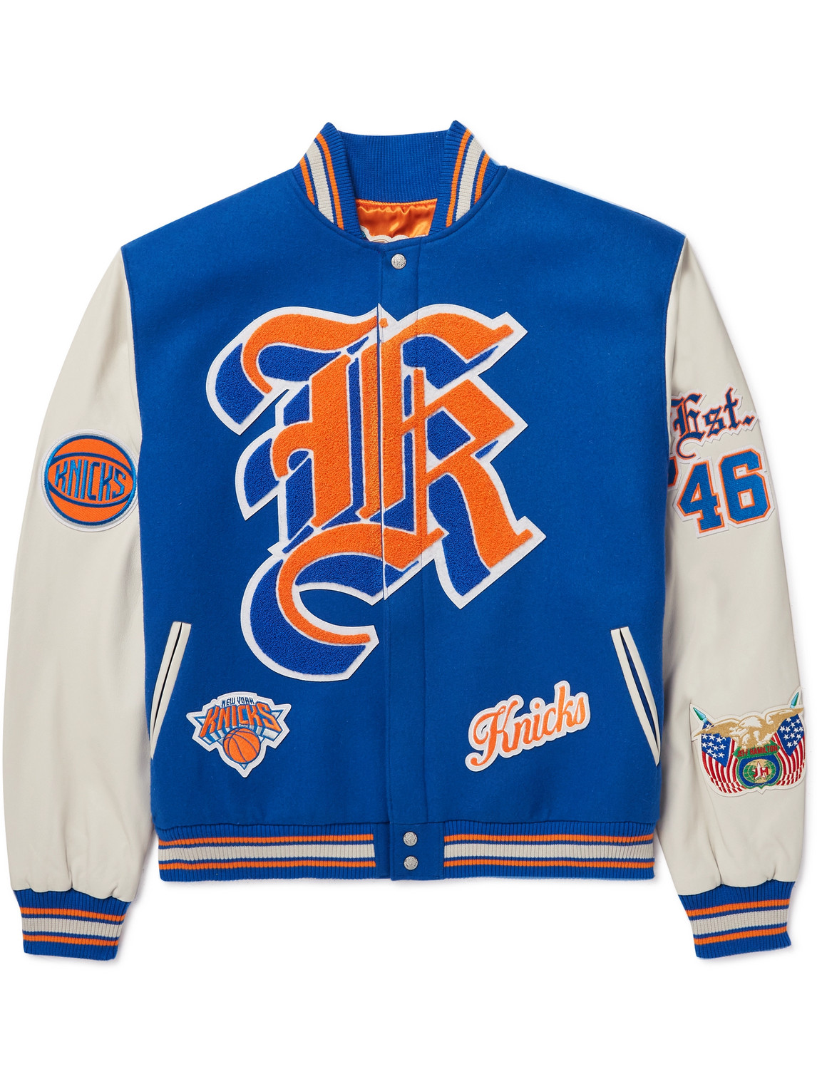 JEFF HAMILTON KNICKS APPLIQUÉD FELT AND LEATHER VARSITY BOMBER JACKET